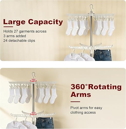 Miniatura 3 de Estante de secado de ropa, 68.9 pulgadas, 2 niveles, plegable, con 3 brazos giratorios para perchas y clips, de acero inoxidable, para ahorro de