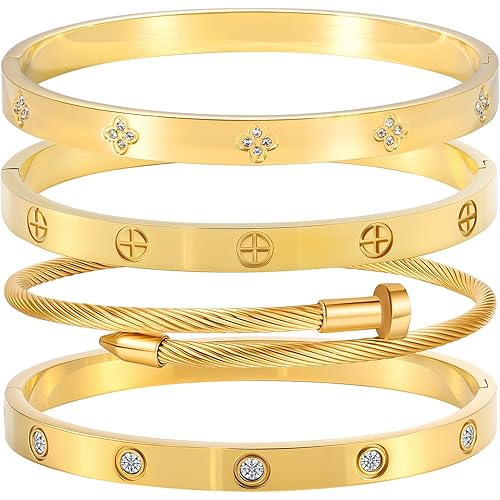Stainless Steel Bangle Bracelet Set for Women - Silver/Gold Love Bangle Non Tarnish Jewelry with Sparkling Crystal Inlay for Love Gifts