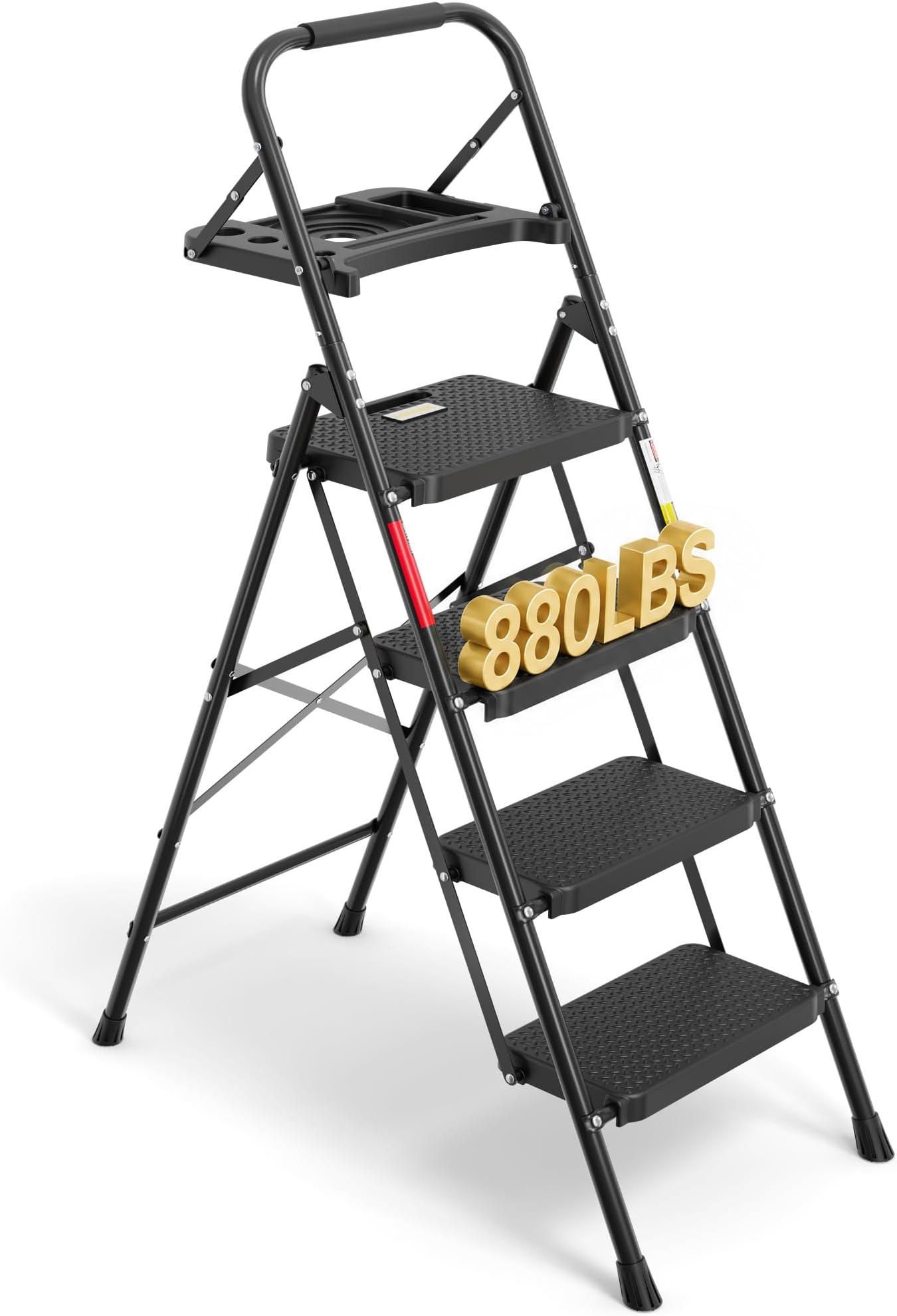 4 Step Ladder, Heavy Duty Foldable Stool with Tool Tray, 150 kg Load