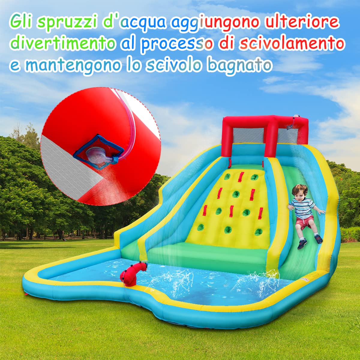 COSTWAY Castello Gonfiabile per Bambini, Parco Acquatico Gonfiabile con 2 Scivoli, Piscina, Parete di Arrampicata, Cannone, Borsa di Trasporto e Kit di Riparazione, 452x365x233 cm (Con Soffiatore)