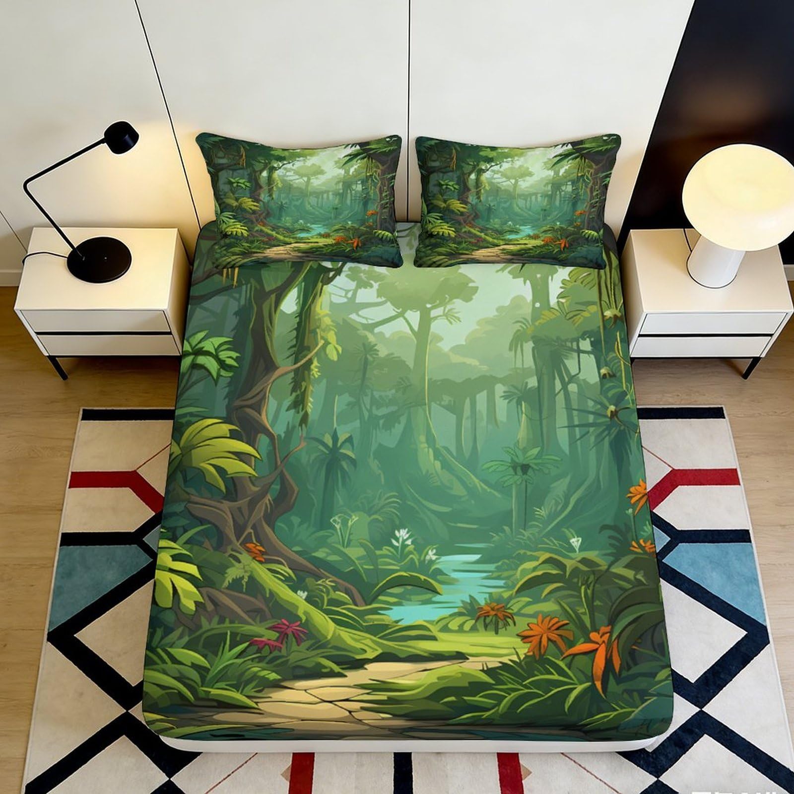 3D Printed Jungle Forest Fitted Sheet Microfiber Soft Breathable Rainforest Mattress Cover for Bedroom Dorm Mattress Protection Decor 120x200x25cm