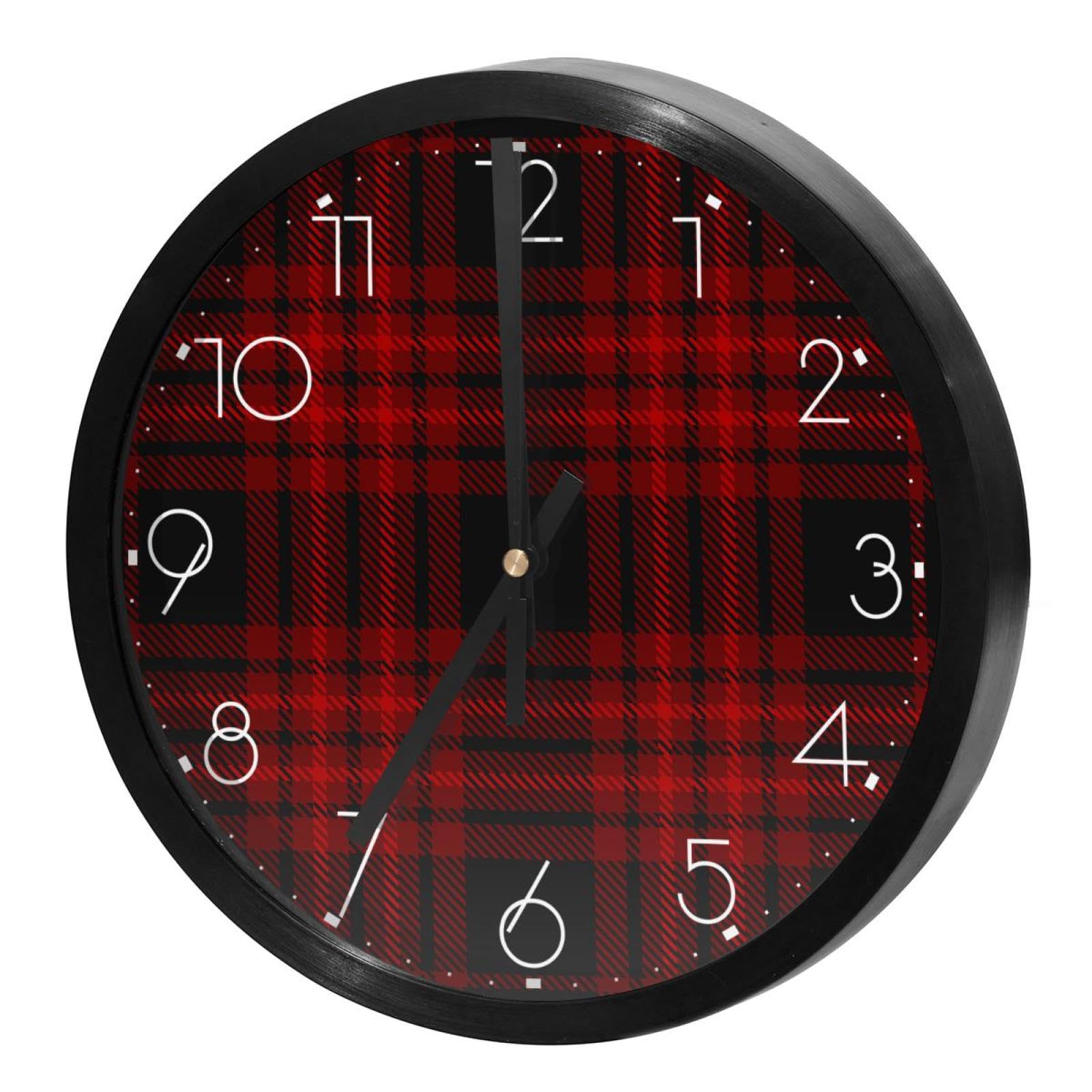 Horloge murale silencieuse à quartz motif écossais bordeaux pour salon
