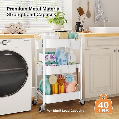 Miniatura 7 de Carrito de metal con ruedas de 3 niveles, organizador blanco de tres niveles para manualidades, carritos de almacenamiento para arte, guardería de