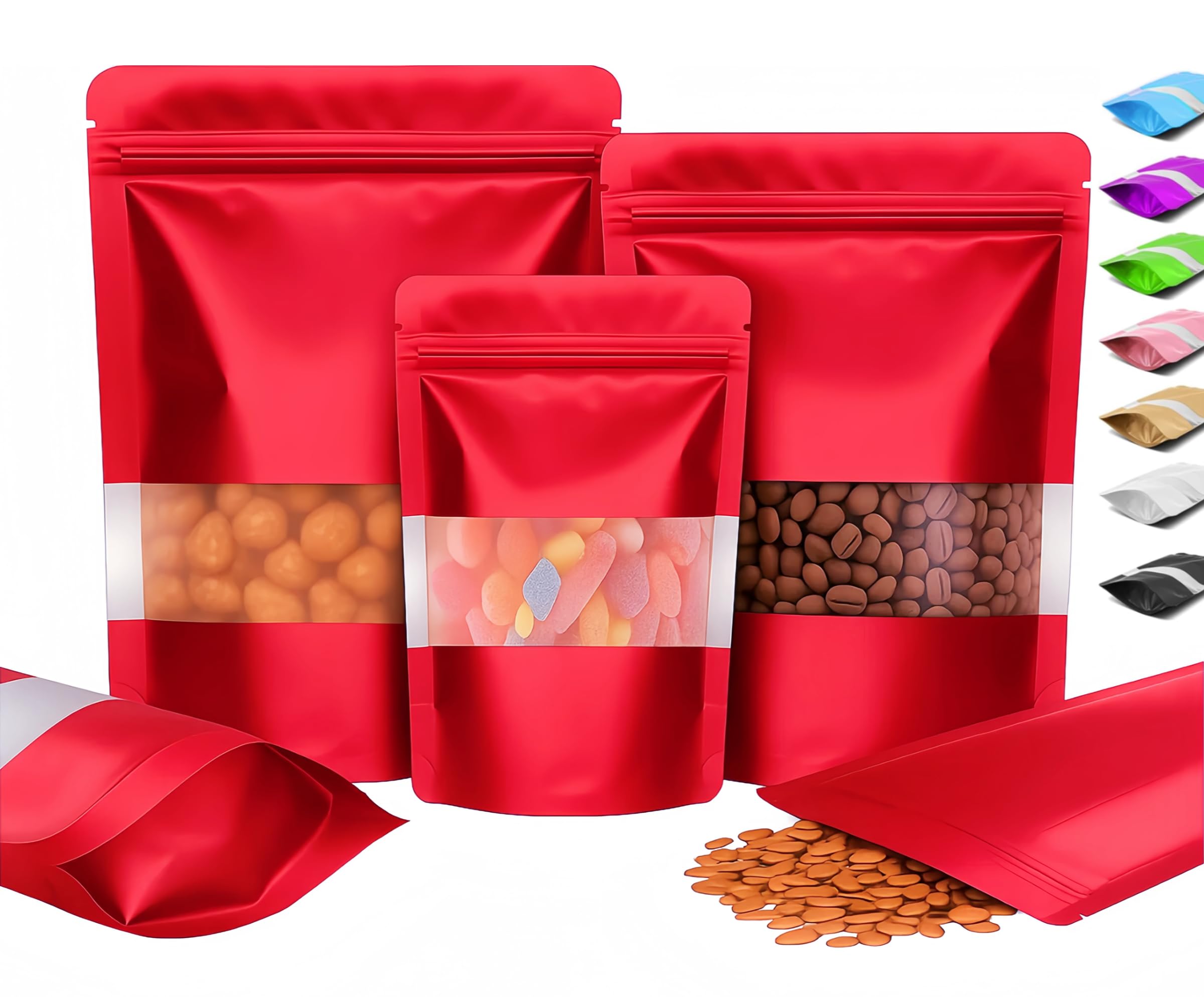 Plaphy 100Pcs Resealable Stand-up Pouches with Window (Red, 10 x 15 cm)