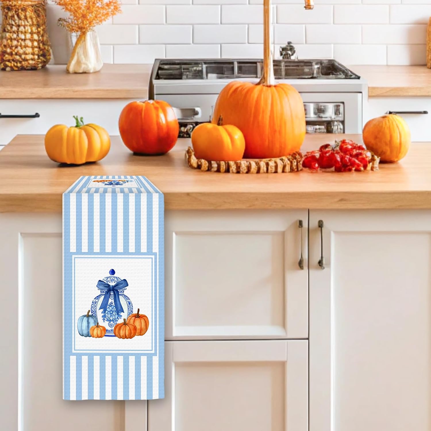 Chinoiserie Fall Kitchen Towels,Blue Grandmillennial Fall Dish Towels
