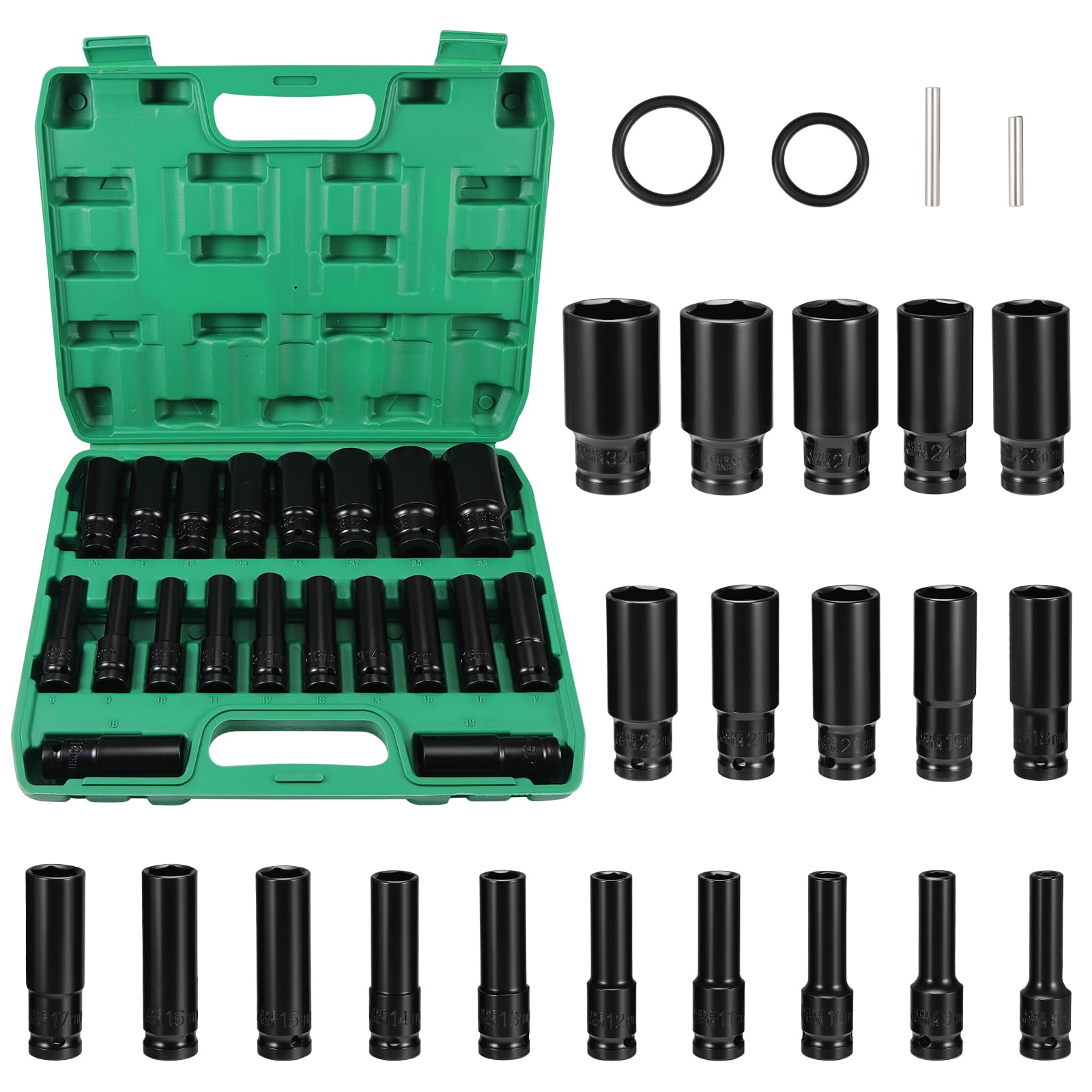 WiMas 20PCS Deep Impact Set 1/2 Inch Metric Drive Tool Impact Wrench Long Socket Set 8-32mm Hex Socket Adapter for Car Repairs Tire Change