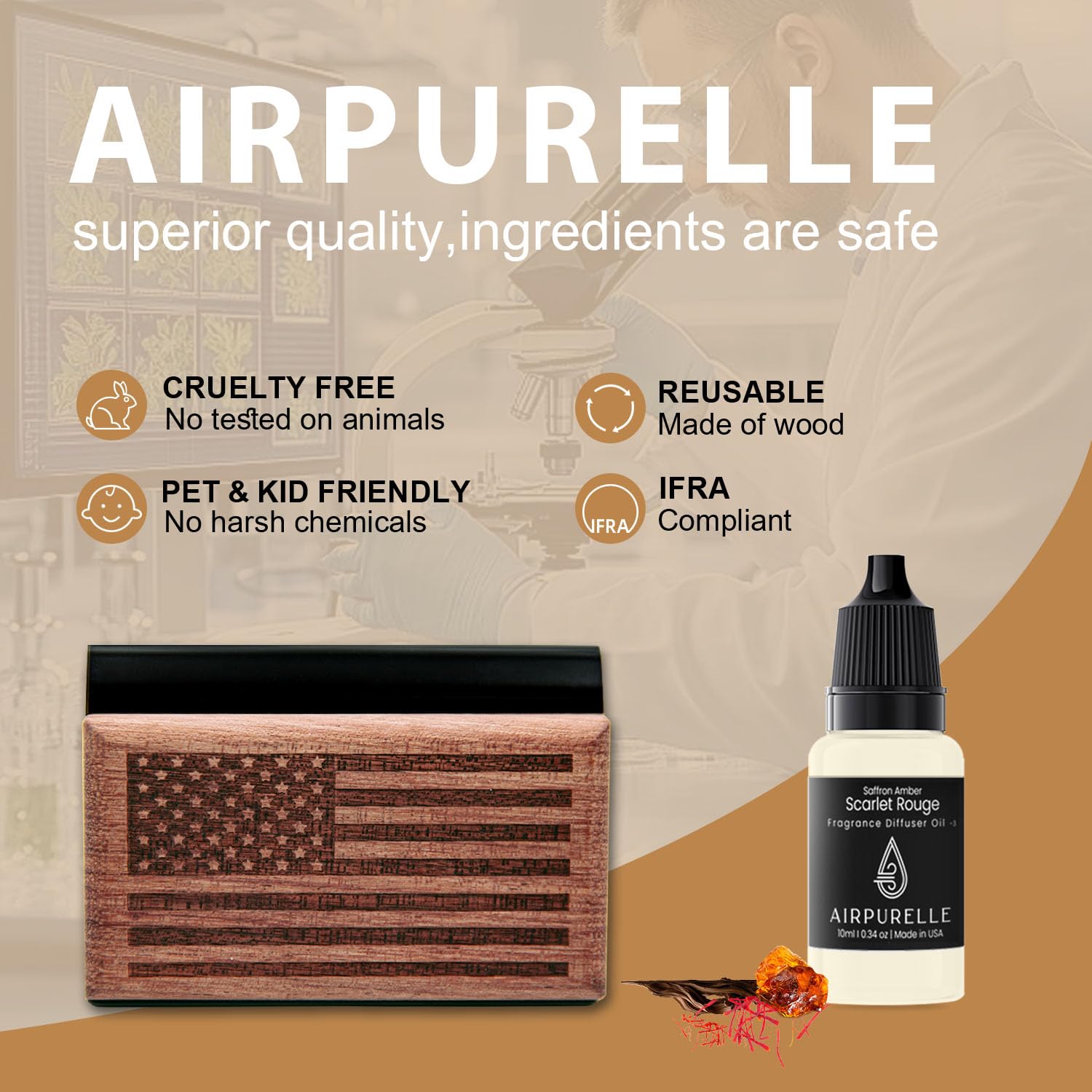 AirPurelle Ambientador de coche para hombre, más de 60 días de duración, ambientador de madera con aroma a ámbar azafrán, incluye recambios de 8 ml y clip magnético, 0.27 onzas líquidas, fabricado en