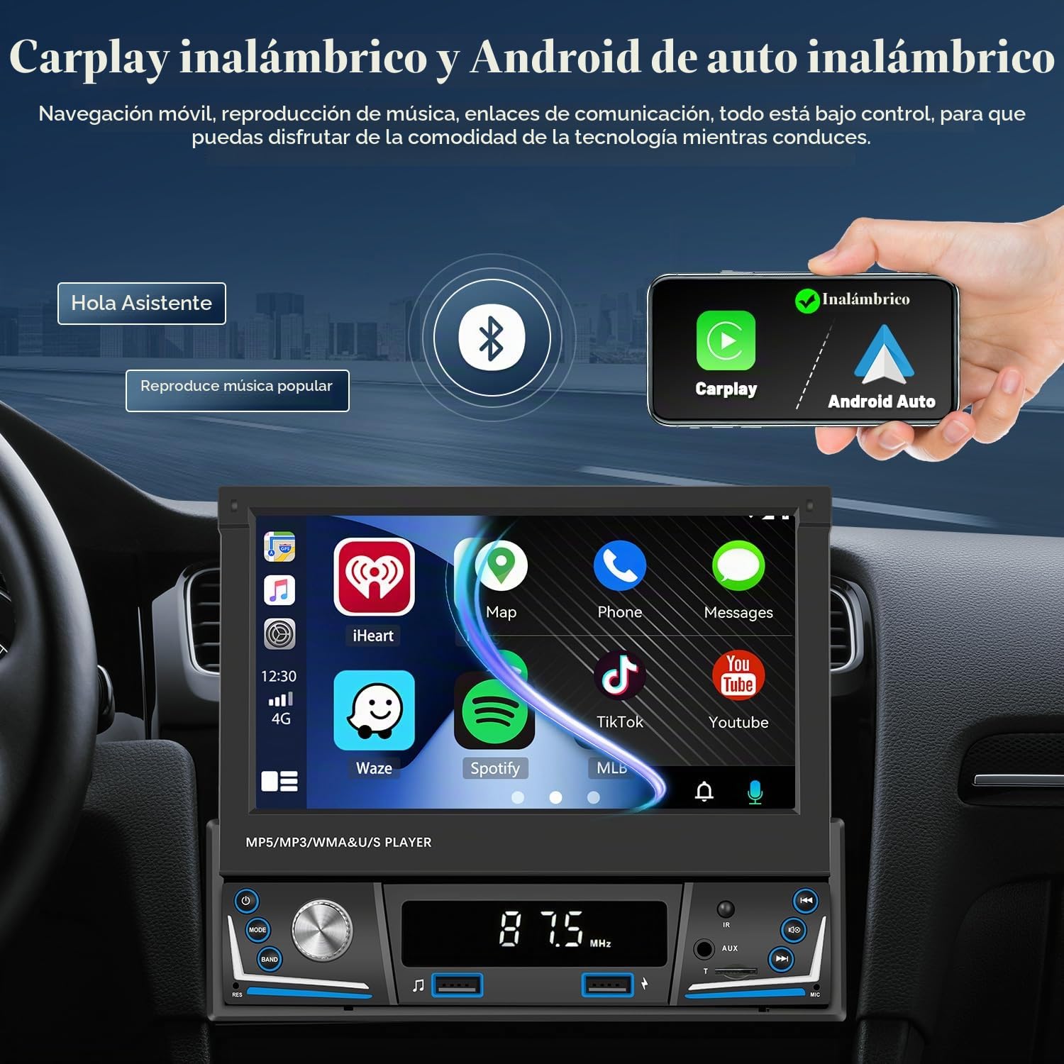Hikity 7" 1 DIN CarPlay Radio Coche con Bluetooth FM Cámara Trasera | Pantalla Táctil Android Auto Wireless CarPlay EQ Control del Volante Manos Libres USB AUX Tarjeta TF