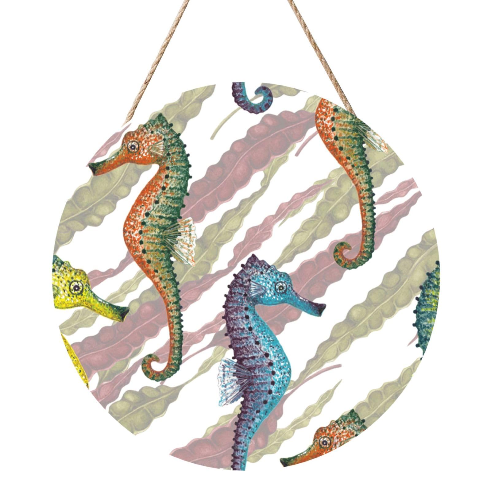 InOmak Laminaria Seahorse, Round Wood Panel Painting 12 in, Wall Hanging Painting For Home