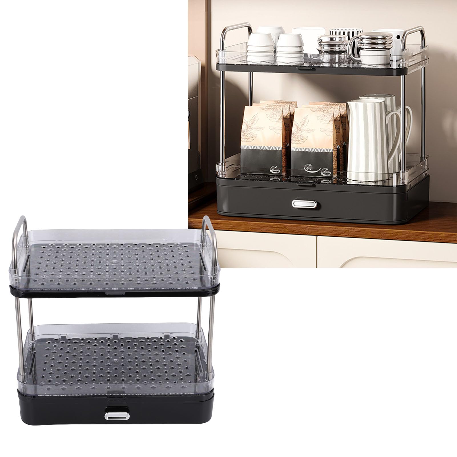 2-stufiger Kaffeebecher-Becherhalter aus PET-Edelstahl, Kaffeestations-Organizer mit Abnehmbarer Abtropfschale, Platzsparendes Regal für Kaffeezubehör, Küchengewürzgläser, (BLACK)