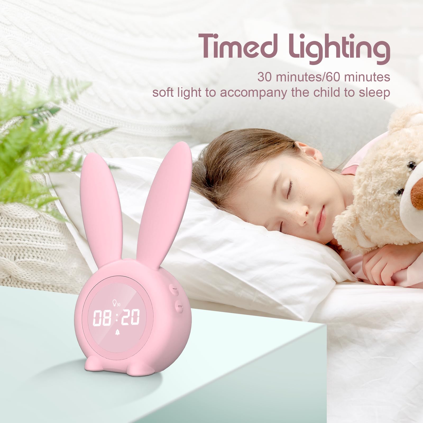 mizikuu Wecker Digital Kinder, Kinderwecker Mädchen Rabbit Cute Hase Lichtwecker Nachtlicht Kinder Creative Nachttischlampe Snooze-Funktion, Wake Up ZeitgesteuertesNachtlicht für Mädchen Jungen, Rosa
