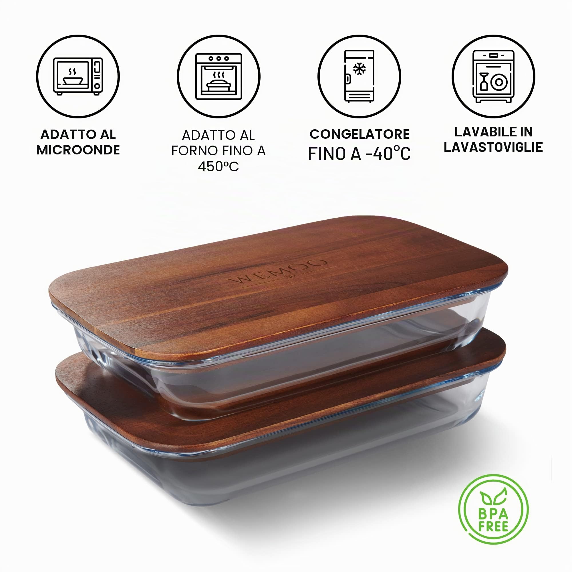 Scatole per alimenti in vetro e legno di acacia, senza BPA, grandi, piatte, impilabili, in legno massiccio, resistenti al calore e al freddo, senza coperchio fragile in bambù, adatte come