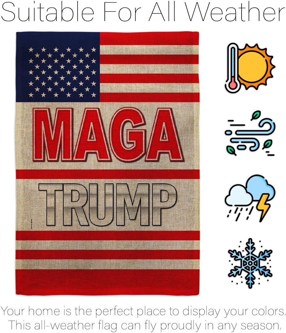MAGA Trump Burlap Garden Flag - Set Wall Holder Patriotic 2024 President Republican Party United States American Election - House Banner Small Yard Gift Double-Sided Made in USA 13 X 18.5