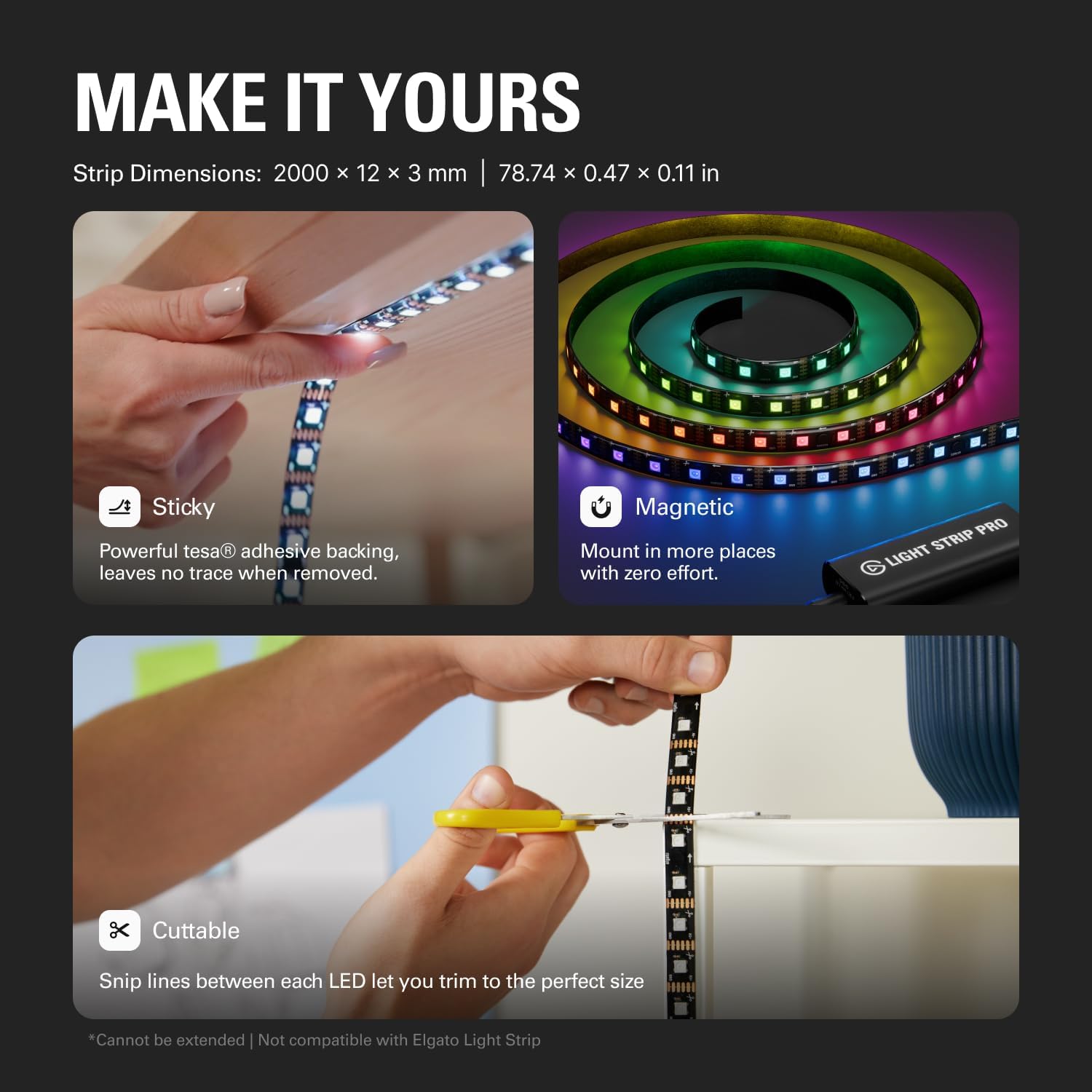 Elgato Light Strip Pro – Individually Addressable RGB LEDs, AI Scenes, Adjustable Speed/Intensity/Direction – App Controlled on Mac, PC, iPhone, Android, Stream Deck