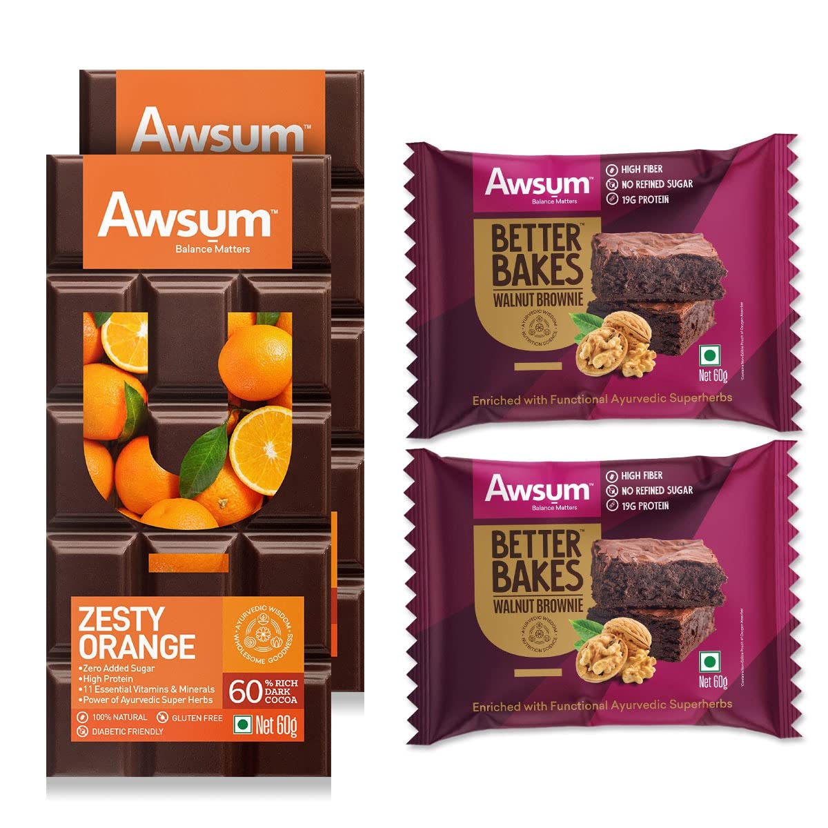 Awsum Sugar Free Orange Chocolate Bar(2 x 60g) + Ready to Eat Walnut Brownie (2 x 60g) Combo| High Protein & Fiber Rich Dark Chocolate & Brownie Cake blended with Ayurvedic Ingredients-60g (Pack of 4) (B0BK1VMBZK) Amazon Price History, Amazon Price Tracker