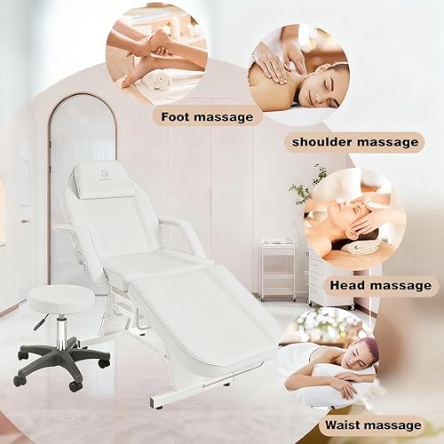 Miniatura 7 de Silla Facial, Silla de Tatuajes, Cama de Masaje con Taburete Hidráulico para Masaje Profesional Facial, Pestañas, Belleza, Spa, Color Blanco
