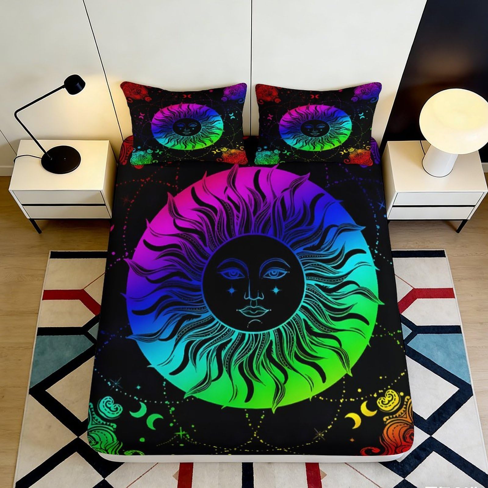 3D Printed Rainbow Sun Fitted Sheet Microfiber Soft Breathable Cosmic Pattern Mattress Cover for Bedroom Dormitory Guest Room Protection 140x200x25cm