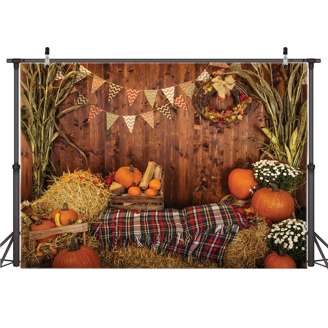 Thanksgiving Photo Backdrop 7x5ft - Autumn Harvest Hay & Maple Leaves Rustic Background