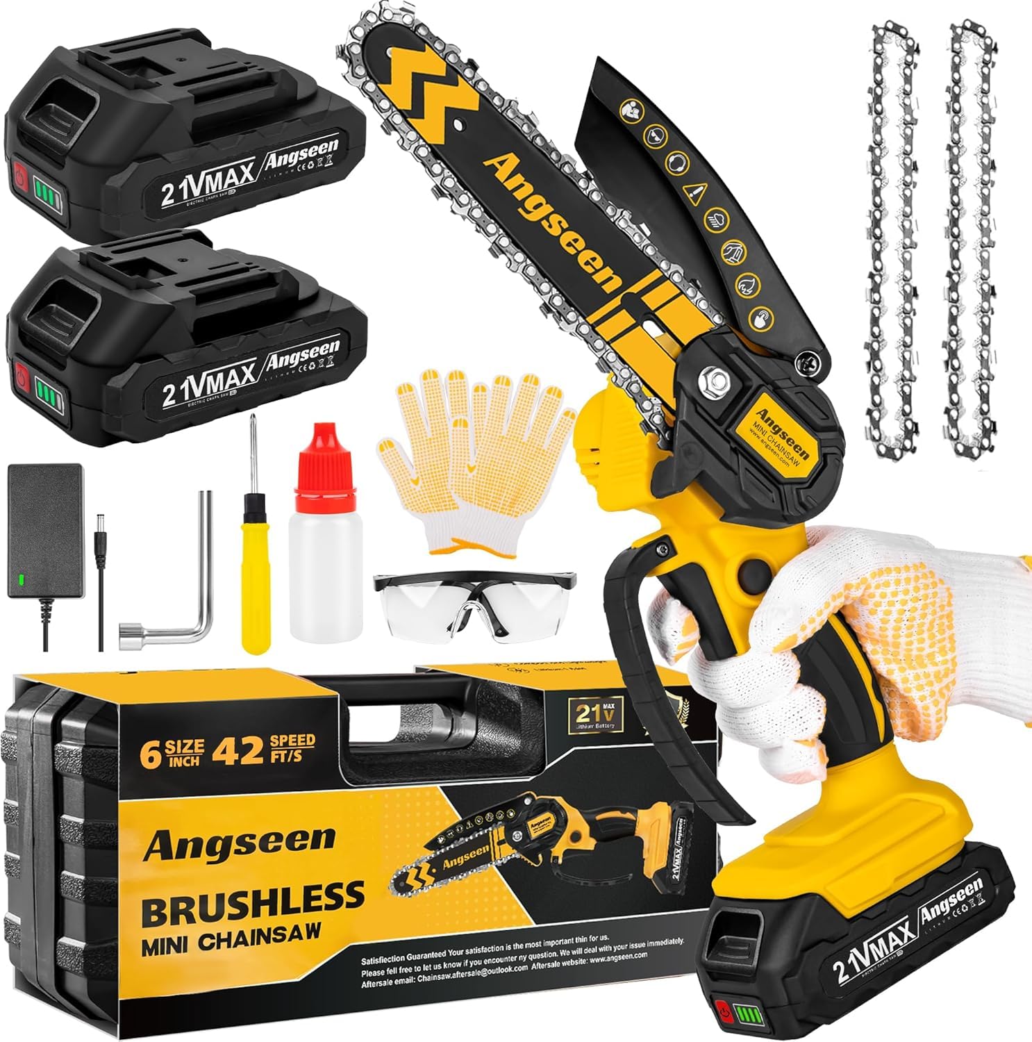 Mini motosega Brushless 6 Inch, sega elettrica senza fili con 2 batterie e catene, piccola motosega con serratura di sicurezza per taglio del legno e potatura degli alberi, adatta per anziani
