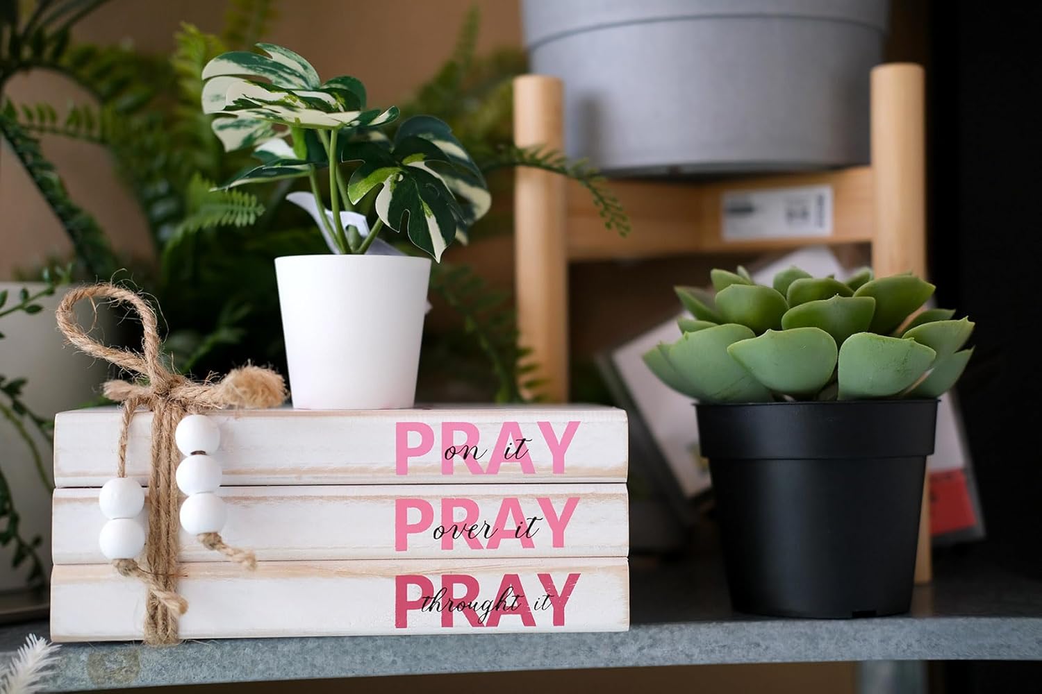 LIVDUCOT Pink Wood Book Stack Pray Christian Home Decor for Women - Wooden Block Sign Table Decoration - Inspiration Prayer Office Decor Religious Gift