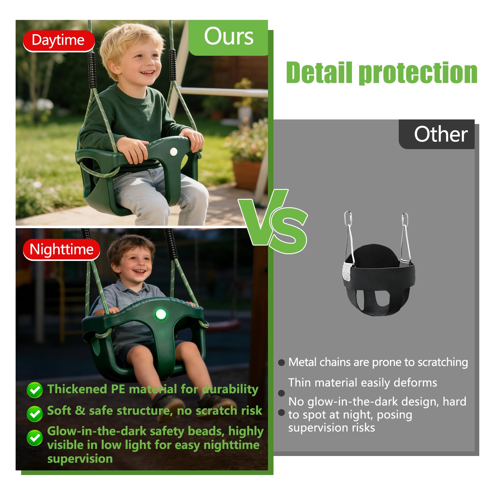 Altalena per bambini, per esterni, con schienale alto, in plastica, con corda regolabile da 1,3-2 m e 2 moschettoni, per bambini, altalena da giardino, verde, 90 kg