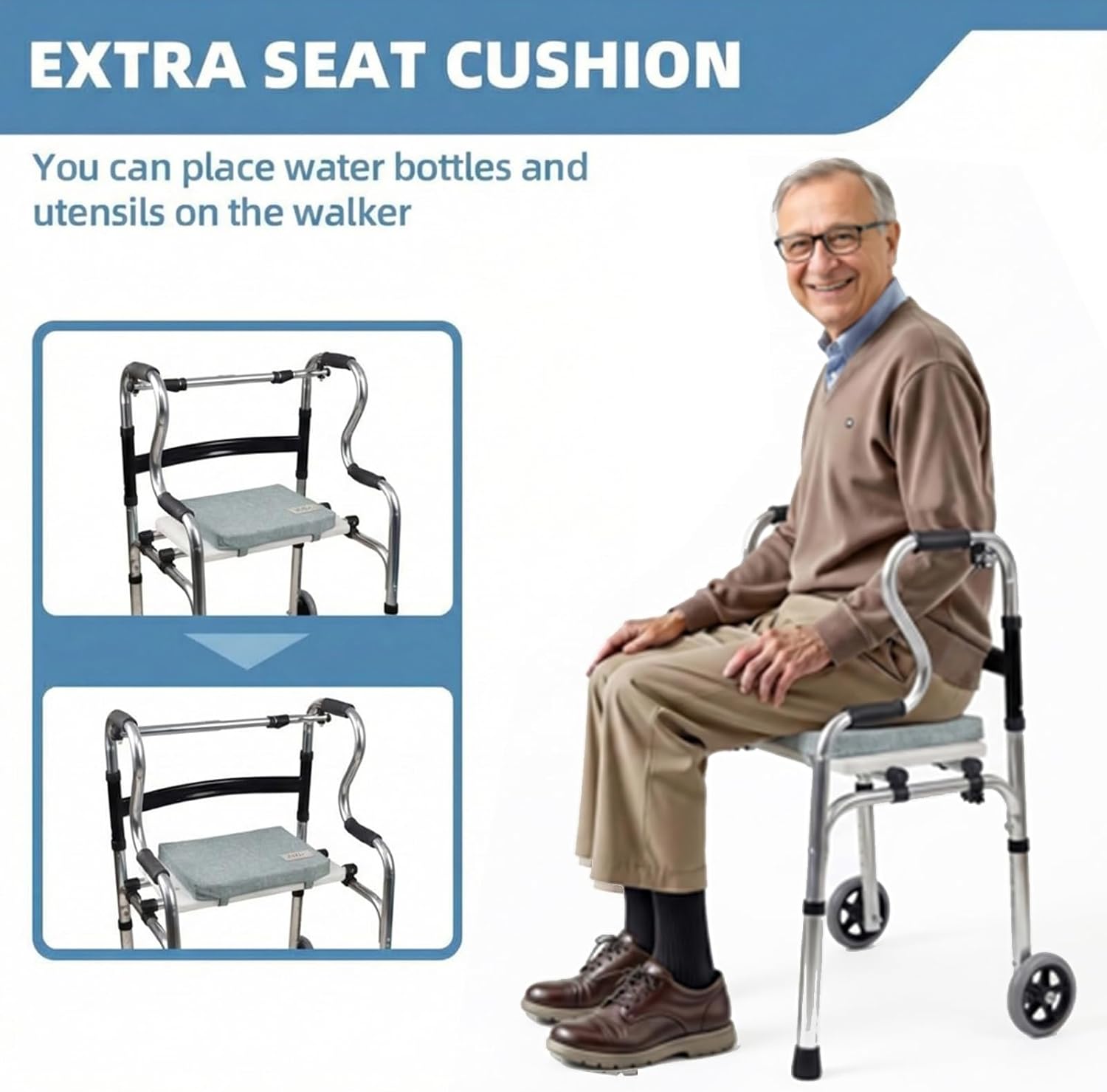Walker Seat Sponge Cushion Universal Rest Seat Folding 250lb | universal walker seat, 3.3cm sponge cushion, 250lb capacity, tool-free install, bathing and outdoor dual use
