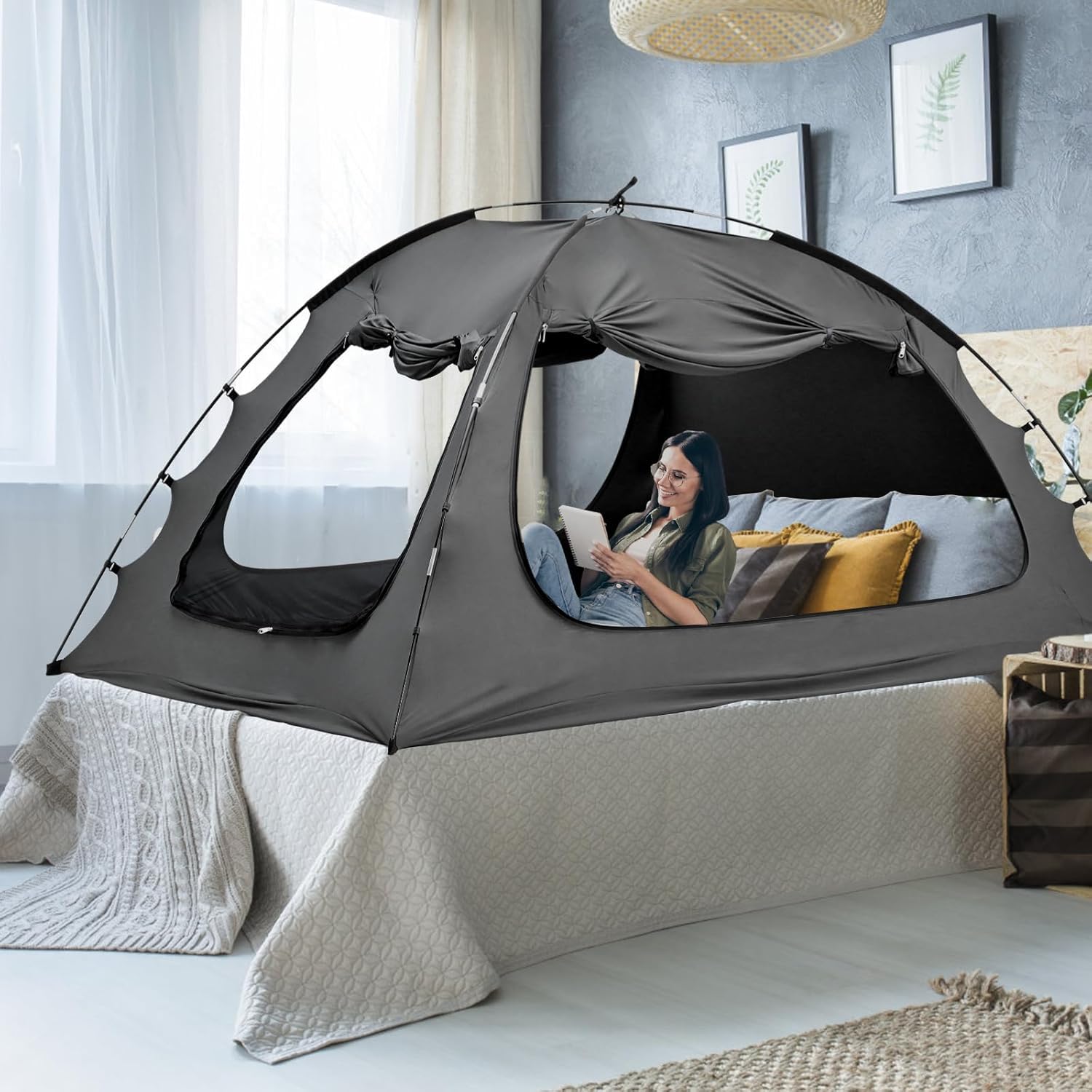 Meulbaty Bed Tent 190 cm L x 137 cm W x 120 cm H Bed Canopy, Inner Tent for Adults and Children, 3 Doors, Breathable Dream Tent, 80% Blackout, Private Sleeping Tent (Black)