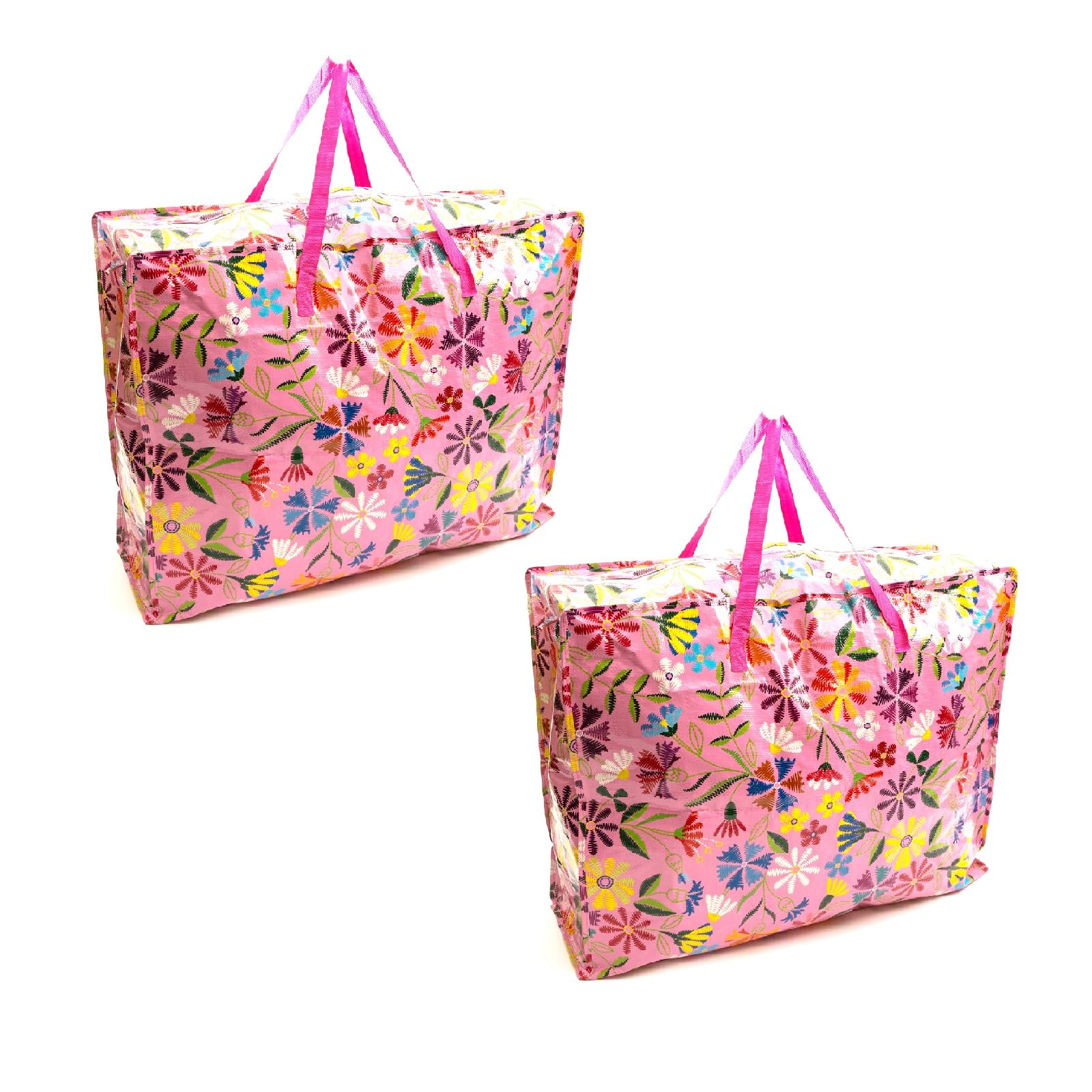 2 PACK Storage Bags Pink Flower Design 75x60x25cm Heavy Duty X-Large With Zip Waterproof Durable Reusable Foldable Laundry Clothing Wardrobe Storage Moving House Shopping Extra Large Jumbo