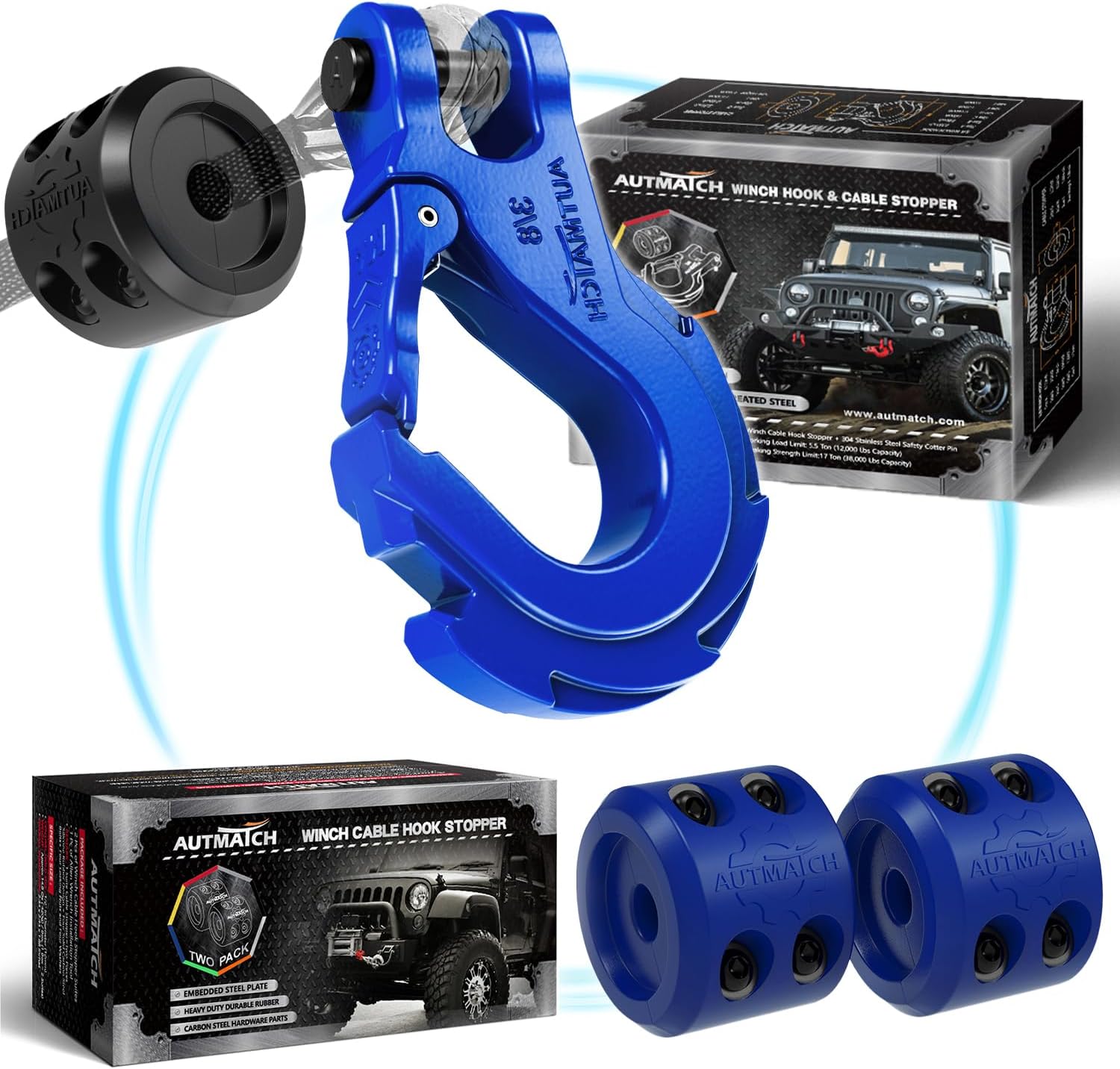 AUTMATCH 3/8" Winch Hook Safety Latch with Winch Cable Hook Stopper, Grade 70 Forged Steel Clevis Slip Hook, Max 39,600Lbs Work for Winch Rope, ATV, UTV, Off Road Vehicle, Blue