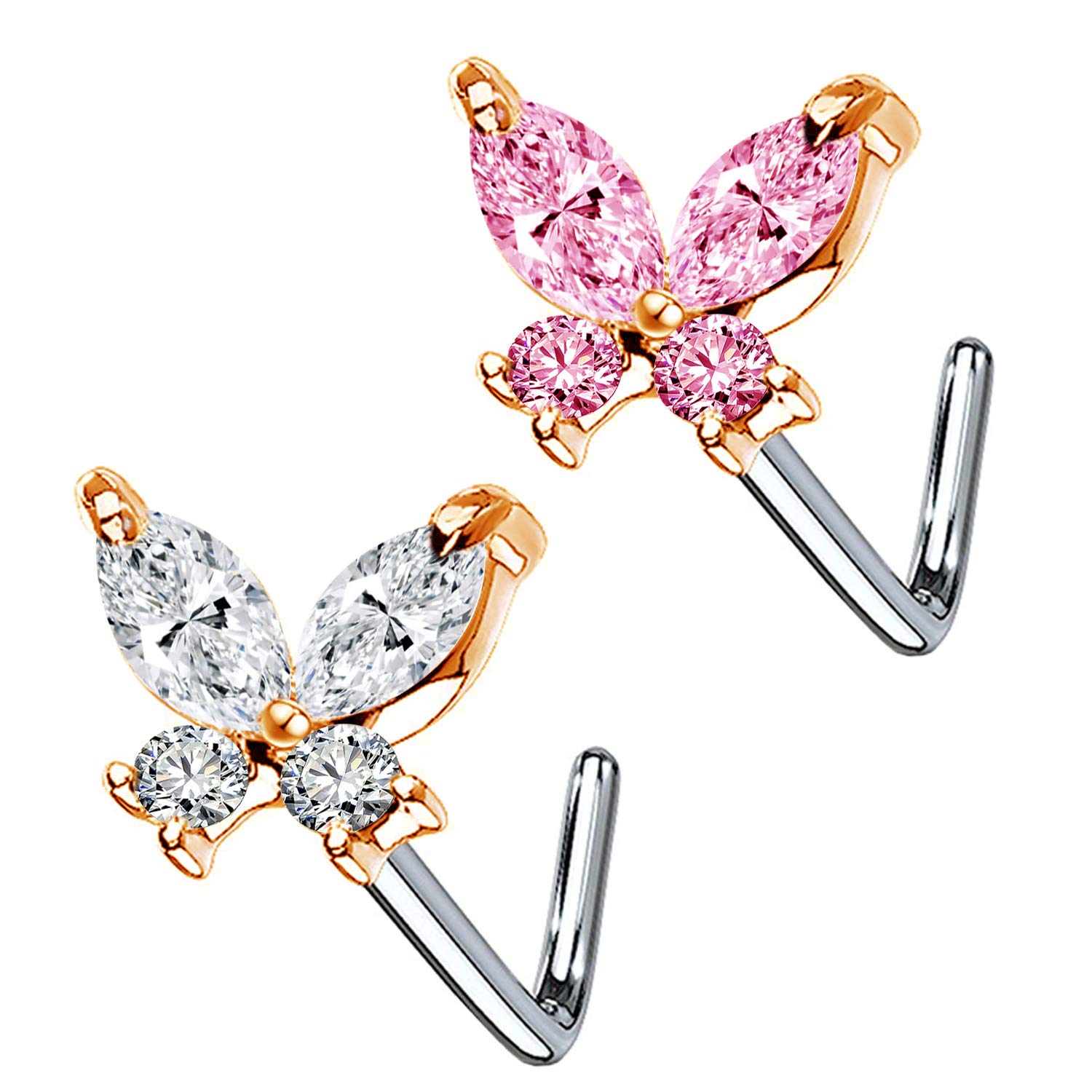 CHARMONLINE CZ Butterfly Flower Nose Stud Top L Bend Stud Nose Ring 20G Nose Hoop Rings Nose Body Piercing for Women Men