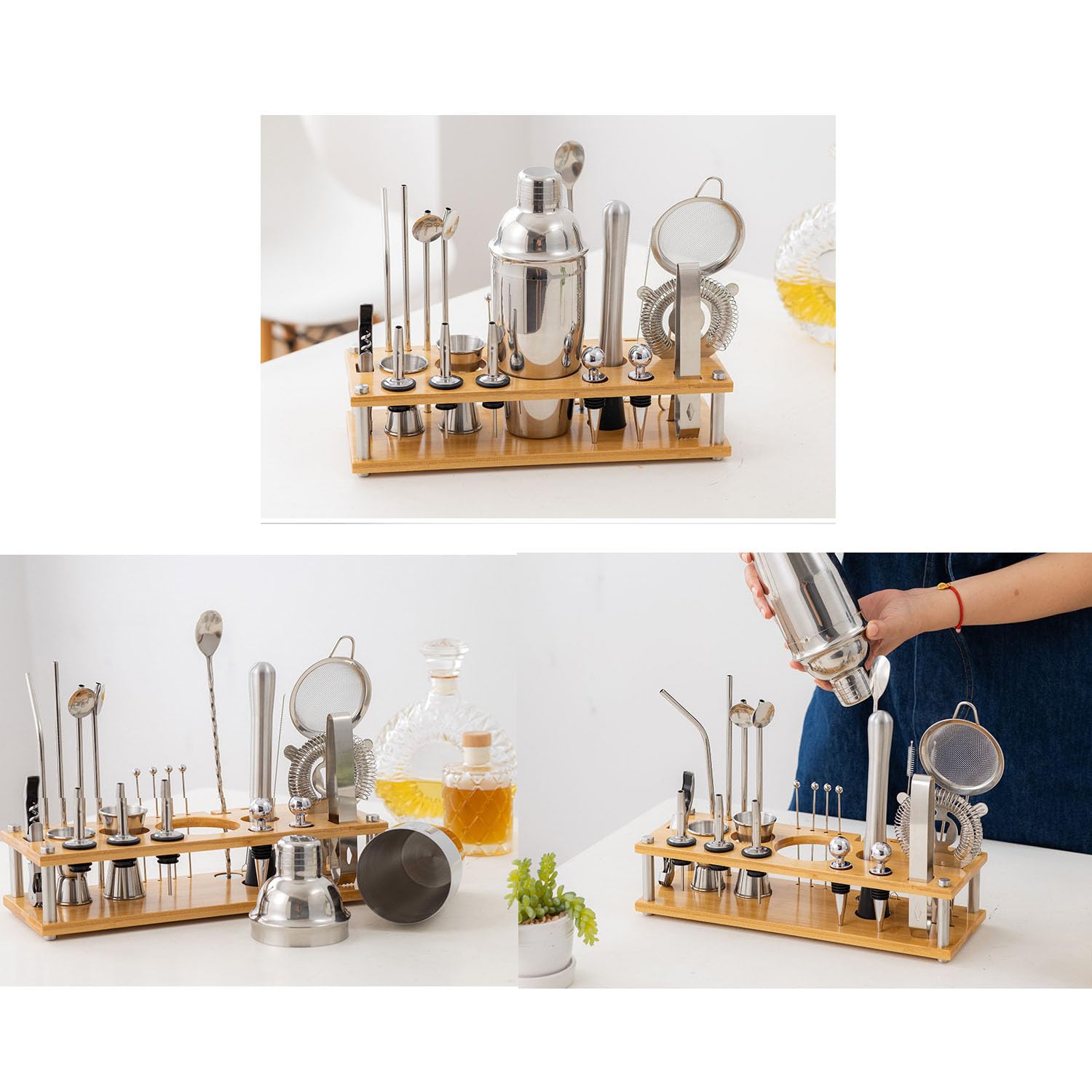 Juego De Mezclador De Bebidas para El Hogar, Juego De Coctelera De Acero Inoxidable De 24 Piezas, Herramienta De Copa De Cóctel con Base De Bambú Extraíble para Tiendas De Té con Leche