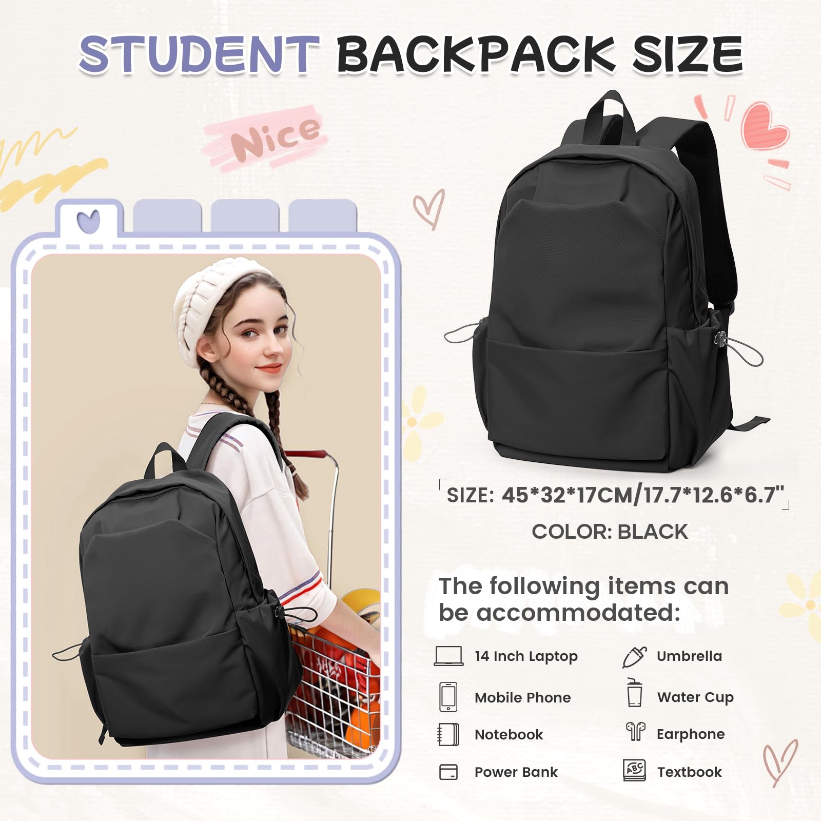 HYC00 Zaino Scuola Media Ragazza Zaino da Scuola Superiore Leggero Zaino Università College Zaino Casual Daypack Backpack Zaini Scuola Cartella Impermeabile 14 Pollici Laptop Bag Zainetto Zaini Donna