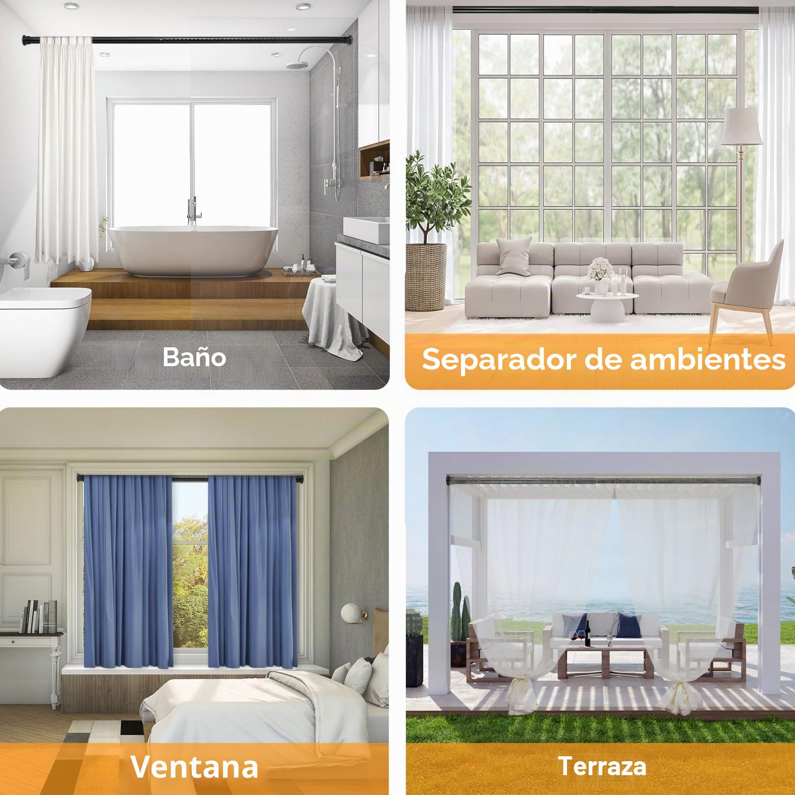 Barra de cortina de tensión resistente, 71-109 cm, barra de armario de resorte, para ventanas o ducha, fácil de instalar, sin taladrar, no se oxida, para baño, diámetro de la barra de 3,2 cm