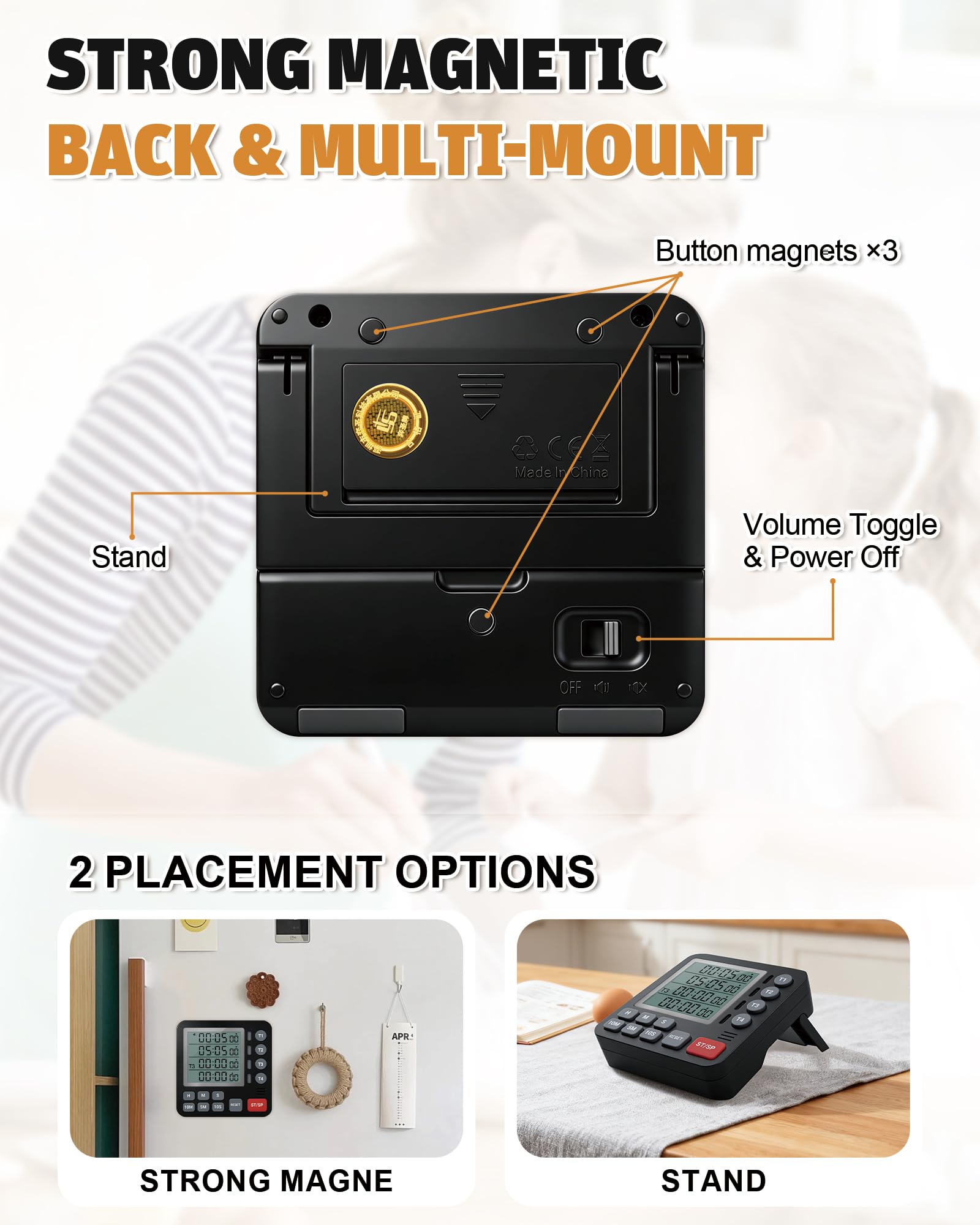 TPNEG Temporizador digital de cocina, temporizador de cocina de 4 canales con alarma, parte trasera magnética, modos ruidosos y silenciosos, cuenta arriba/abajo, ideal para hornos, personas mayores