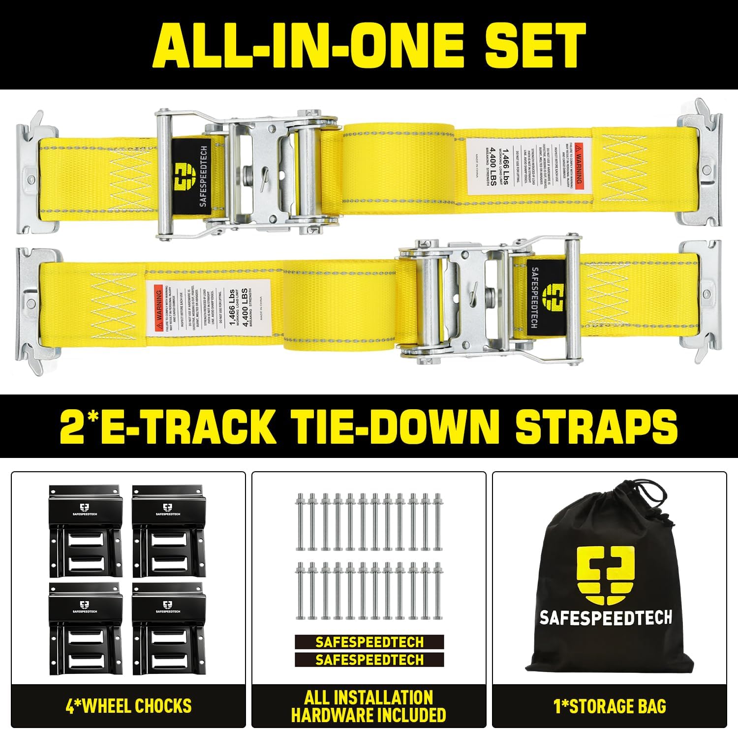 UTV Wheel Chock Tie Down Kit, 4400 LBS Breaking Strength E Track Ratchet Straps, 2 Pack 2" x 8' Heavy Duty E Track Trailer Tire Straps Fits 10 in-35 in Tires, E Track System for ATV, UTV, Lawn Mower