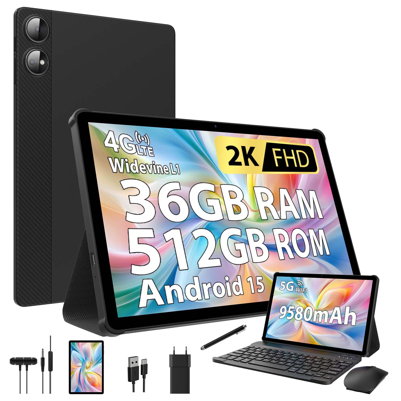 DOFACESH 2K Tablet 11 Pollici con Android 15, 36GB RAM+512GB ROM, 4G LTE+5Ghz WiFi, 2000 * 1200, Octa Core, 13MP+8MP, WidevineL1/9580mAh/BT5.0/OTG/GPS-Tablet in offerta con tastiera (Nero)