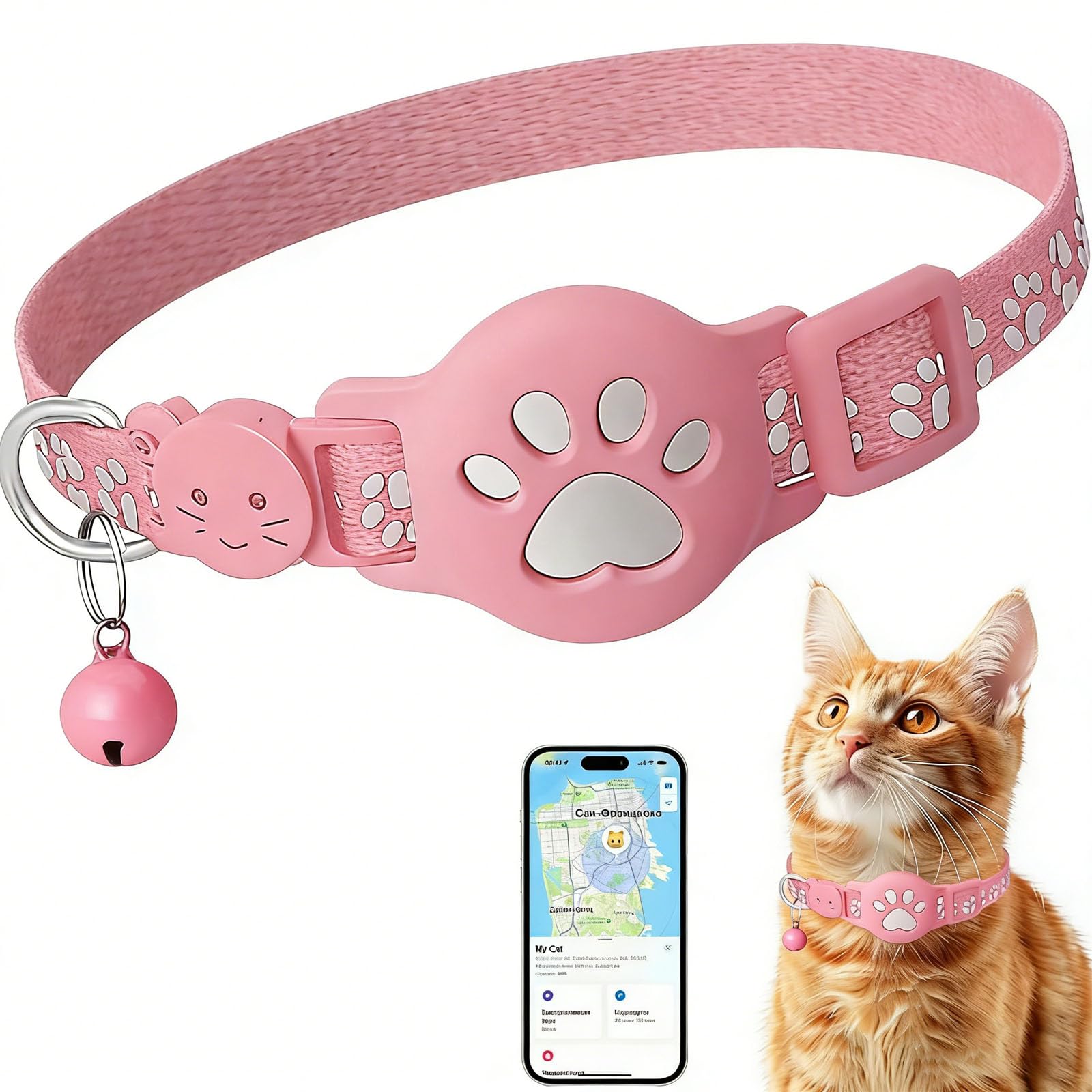 Collier GPS Chat, 2026 Nouveau Traceur Collier GPS pour Chien, sans Carte SIM, sans Abonnement Mensuel, Localisation Temps Réel,Compatible iOS Android,Imperméable et Durable (Rose)