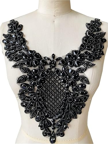 Apliques de encaje hechos a mano con diamantes de imitación para coser a mano, parches para ropa de vestir, falda y cuello accesorios (negro)