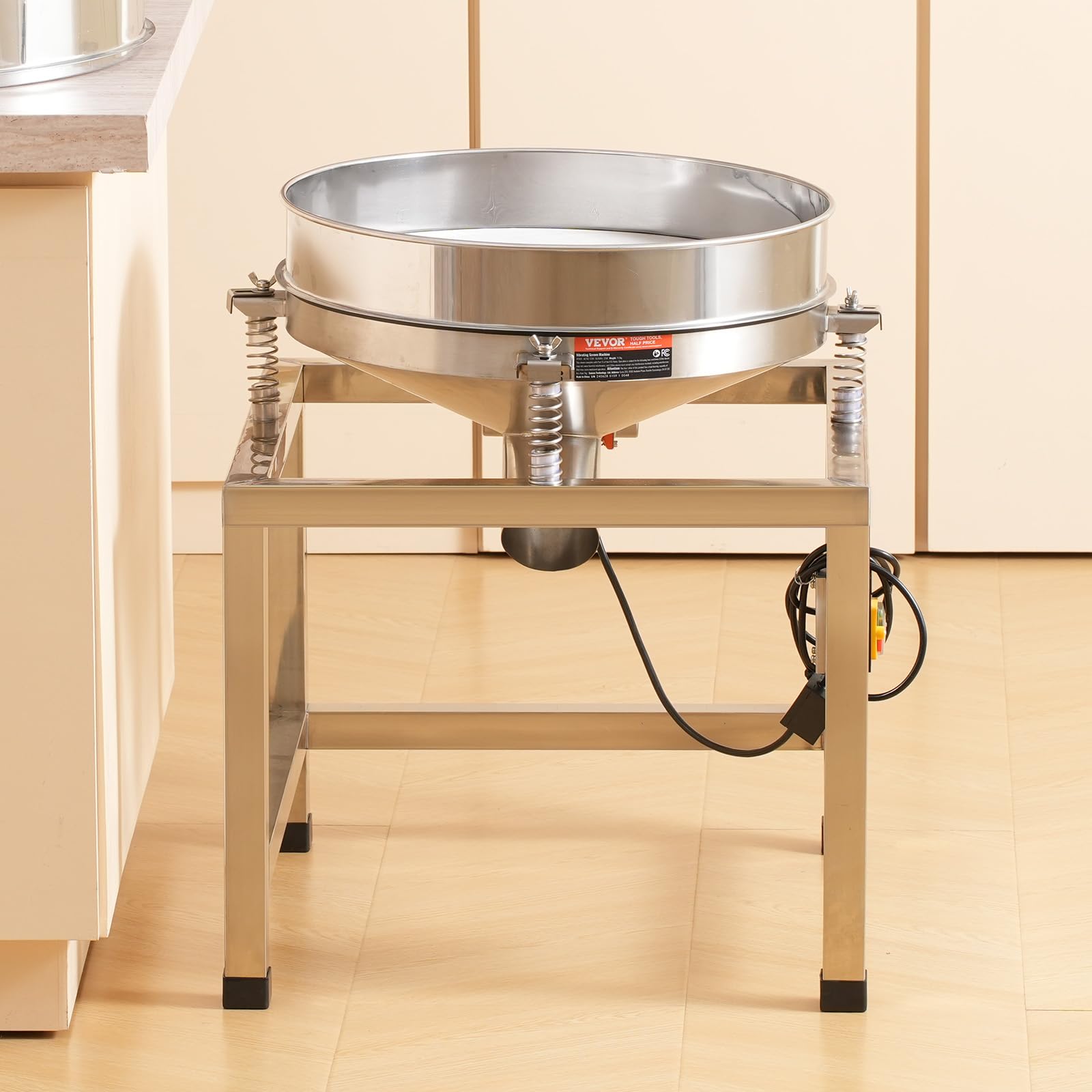 VEVOR Tamiz Vibratorio Eléctrico Automático de Acero Inoxidable con Malla 40+100, 25 W con Soporte y Ruedas, para Harina en Polvo, Frijol Mungo, Arroz, Mijo, 570 x 575 x 680 mm, 3450 r/min, Plata