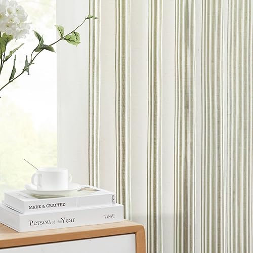Miniatura 3 de jinchan Cortinas de lino a rayas de 84 pulgadas de largo para sala de estar, cortinas de rayas verde salvia, cortinas semitransparentes con pestaña
