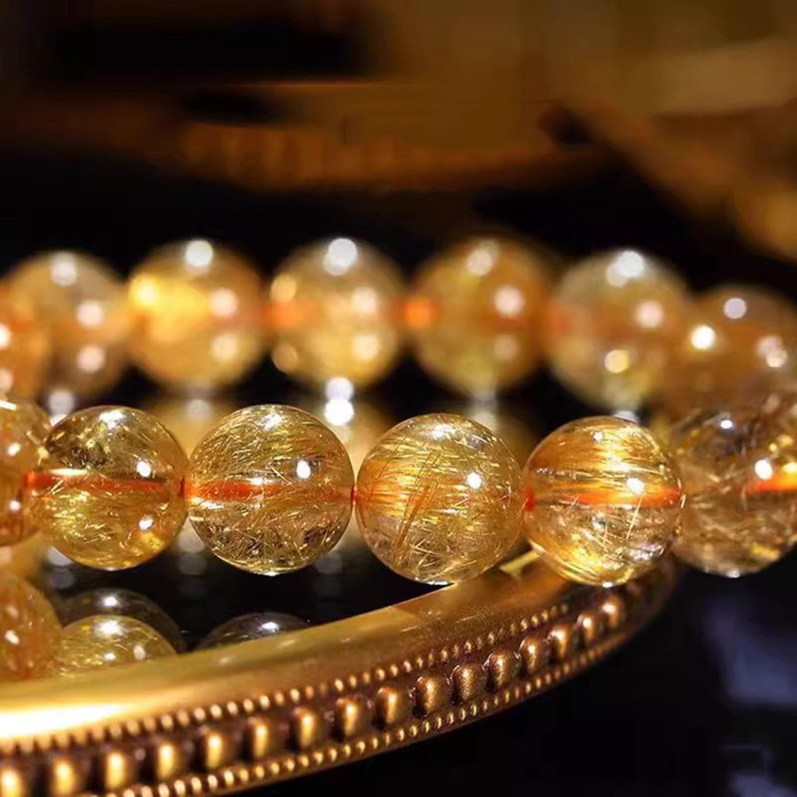 Pulsera de Cuarzo rutilado Amarillo con Piedras Preciosas curativas, Cristales Naturales, Pulsera de Cuentas Chakras, Cuentas de Cristal Ajustables, Cuarzo rutilado Dorado, Pulido,10MM