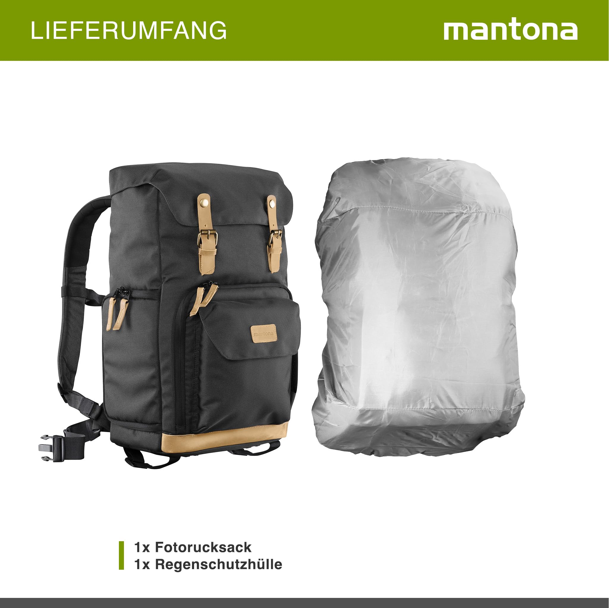 Mantona Luis Sac Dos Photo rétro, Appliques Cuir, avec Housse de Pluie, aménagement Flexible avec Compartiment pour Ordinateur Portable, pour 1 Appareil Photo Reflex, 3 objectifs, Accessoires, Noir