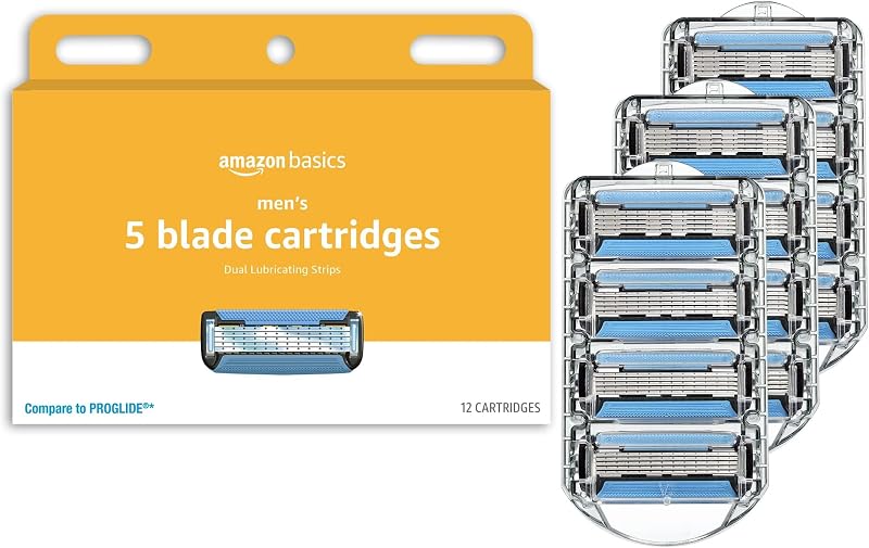 Refis de lâminas de barbear Amazon Basics com 5 lâminas e tiras lubrificantes, compatíveis apenas com cabos Amazon Basics, pacote com 12
