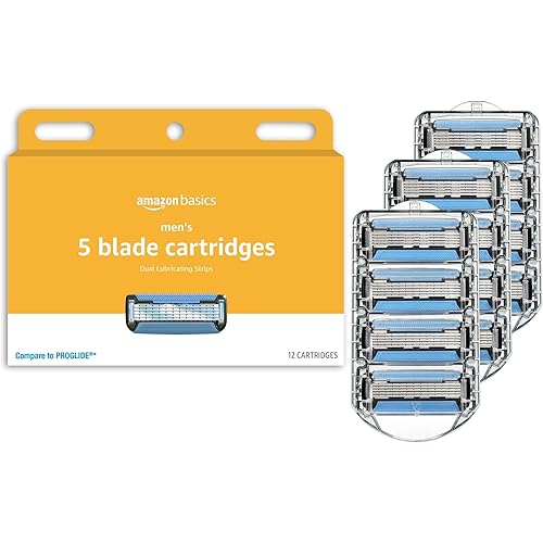 Amazon Basics 5-Blade Razor Refills for Men with Dual Lubrication, Hypoallergenic, Clean Shave, Precision Beard Trimmer, 12-Pack (Fits Amazon Basics Razor Handles only)