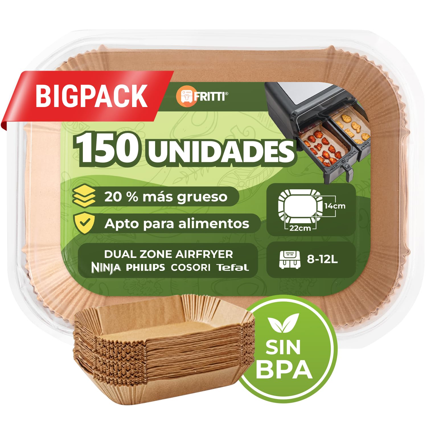 FRITTI Papel de horno para freidora de aire caliente, 150 unidades, certificado DEKRA 22 x 14 cm, rectangular, compatible con Dual Zone Airfryer Accesorios 8 – 12 L