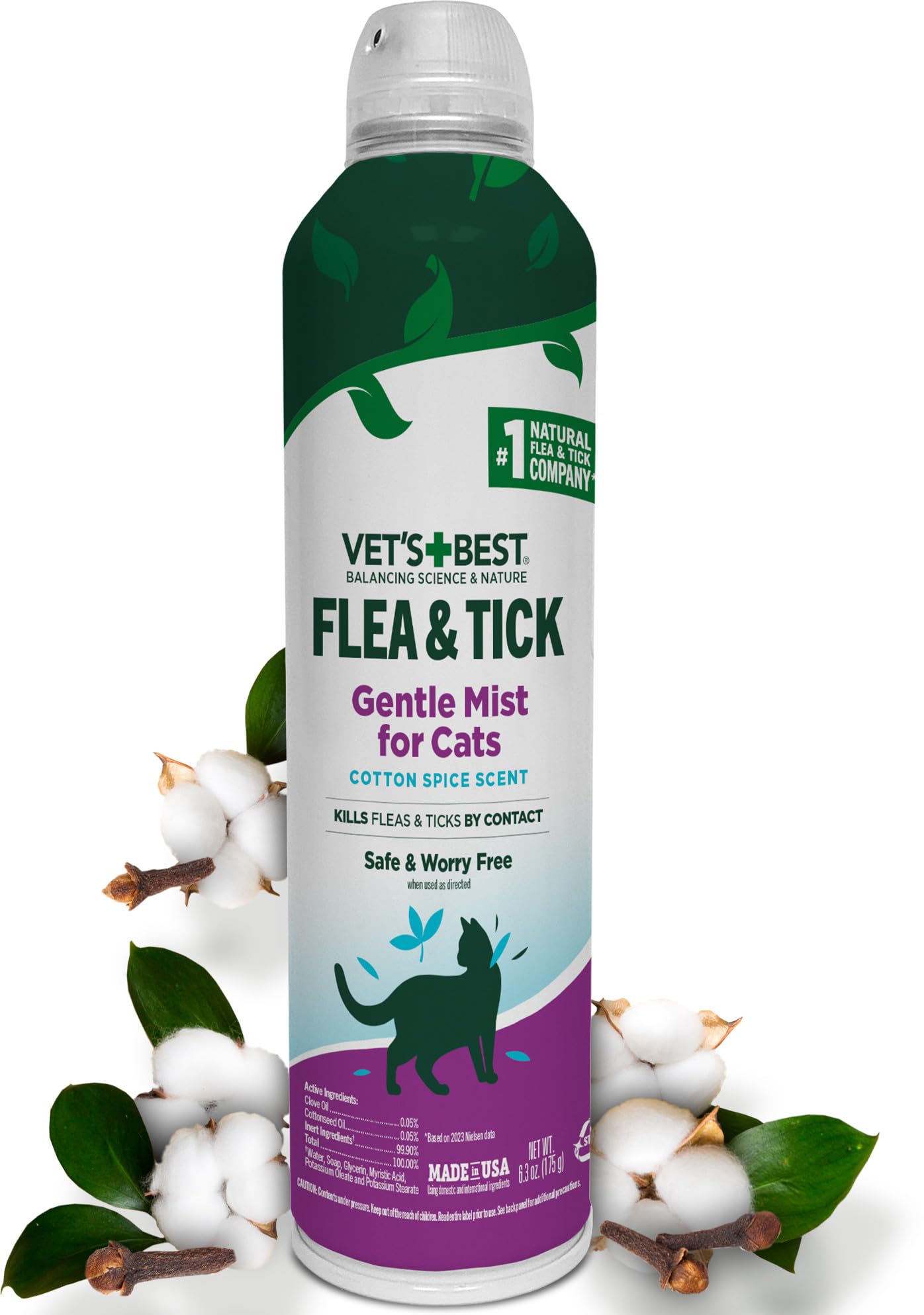 Natural Flea & Tick Mist for Cats – Plant-Powered Spray with Cotton Spice Scent – Natural Flea Prevention and Pest Control – Gentle Formula for Indoor Use – Safe for Pets – 6.3 oz