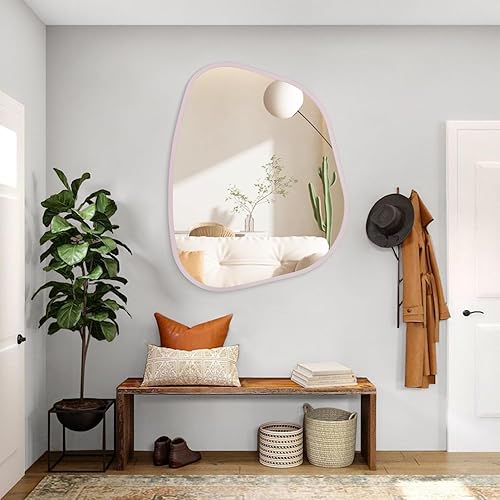 Miniatura 5 de Espejo de pared irregular de 26 x 18 pulgadas, espejo de baño grande asimétrico con marco de madera, espejos decorativos artísticos modernos para