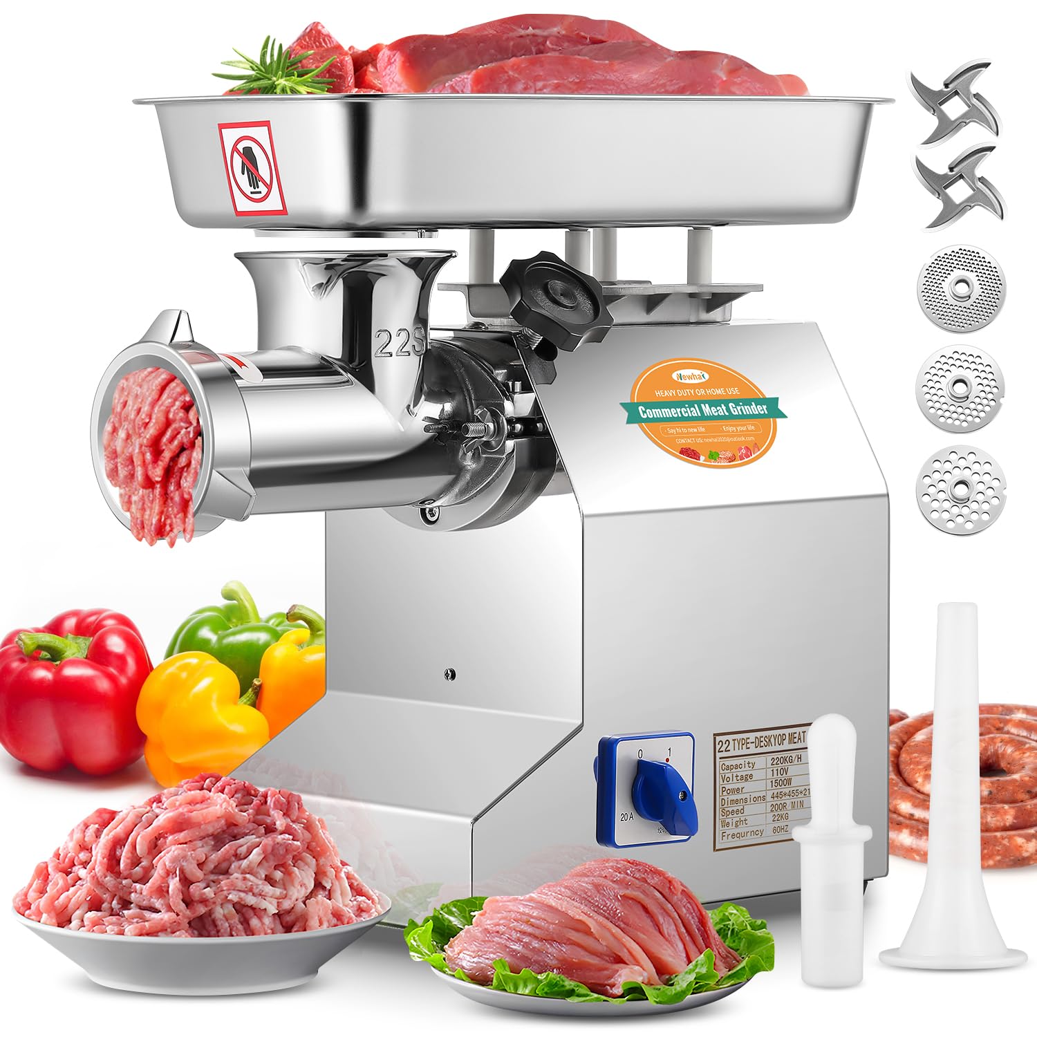 Newhai Commercial Meat Grinder #22 Heavy Duty Meat Grinding Machine 1100W Meat Mincer 1.5HP with 3/6/8mm Grinding Plates 110V US for Beef Pork Chicken Soft Bone