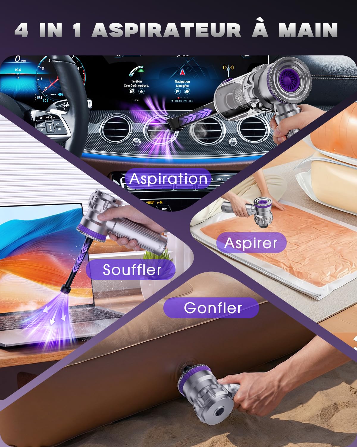 Aspirateur Voiture Sans Fil, 28000Pa Aspirateur a Main, 4-in-1 Aspirateur Voiture Puissant Sans Fil avec Moteur Brushless, 3 Niveaux d'aspiration pour Voiture Cuisine Maison des Poils d'animaux