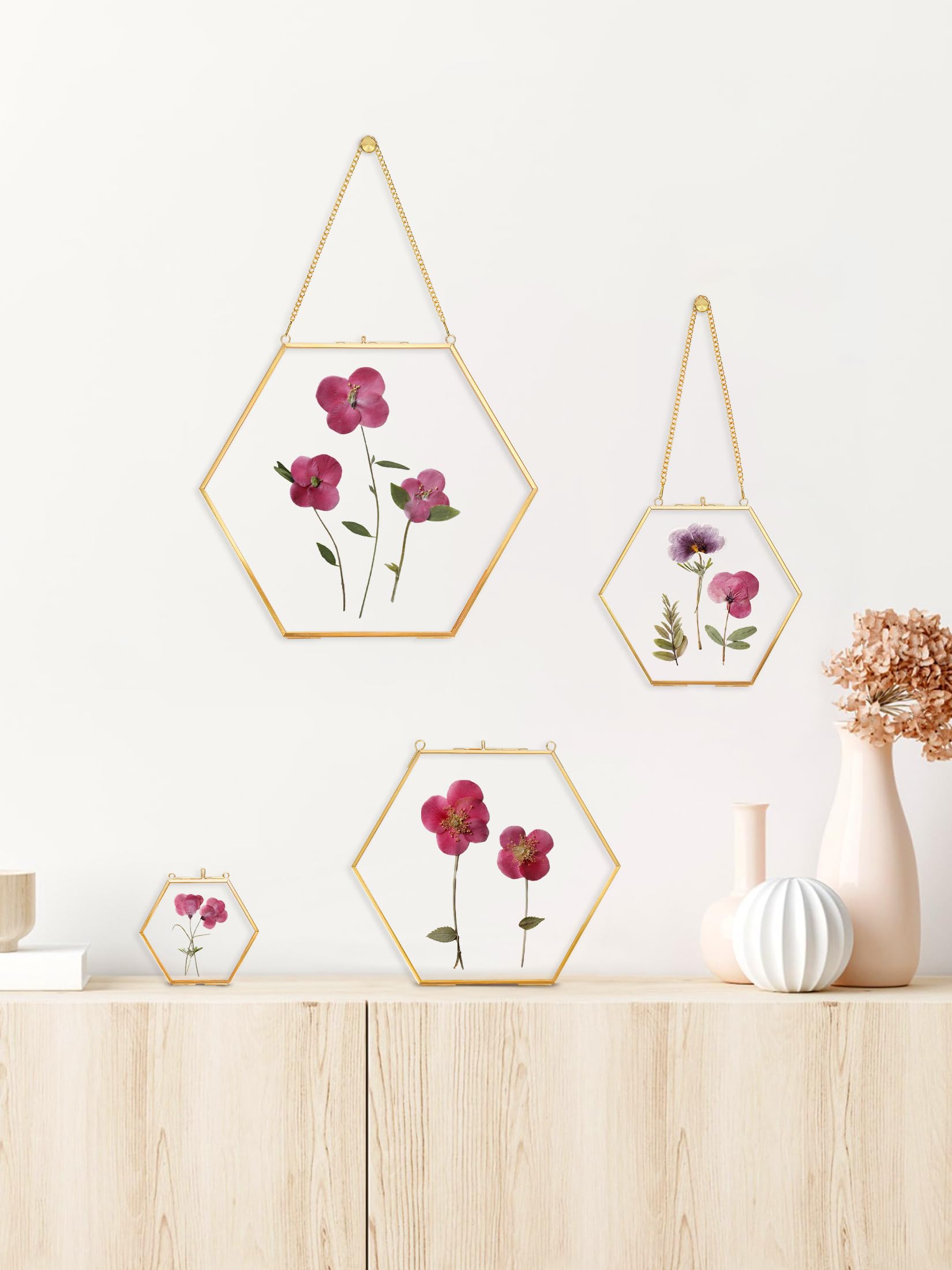 Set 3 Cornici In Vetro Per Fiori Pressati Con Pinzette - Quadri Vintage In Ottone Per Decorazione Parete Fai Da Te